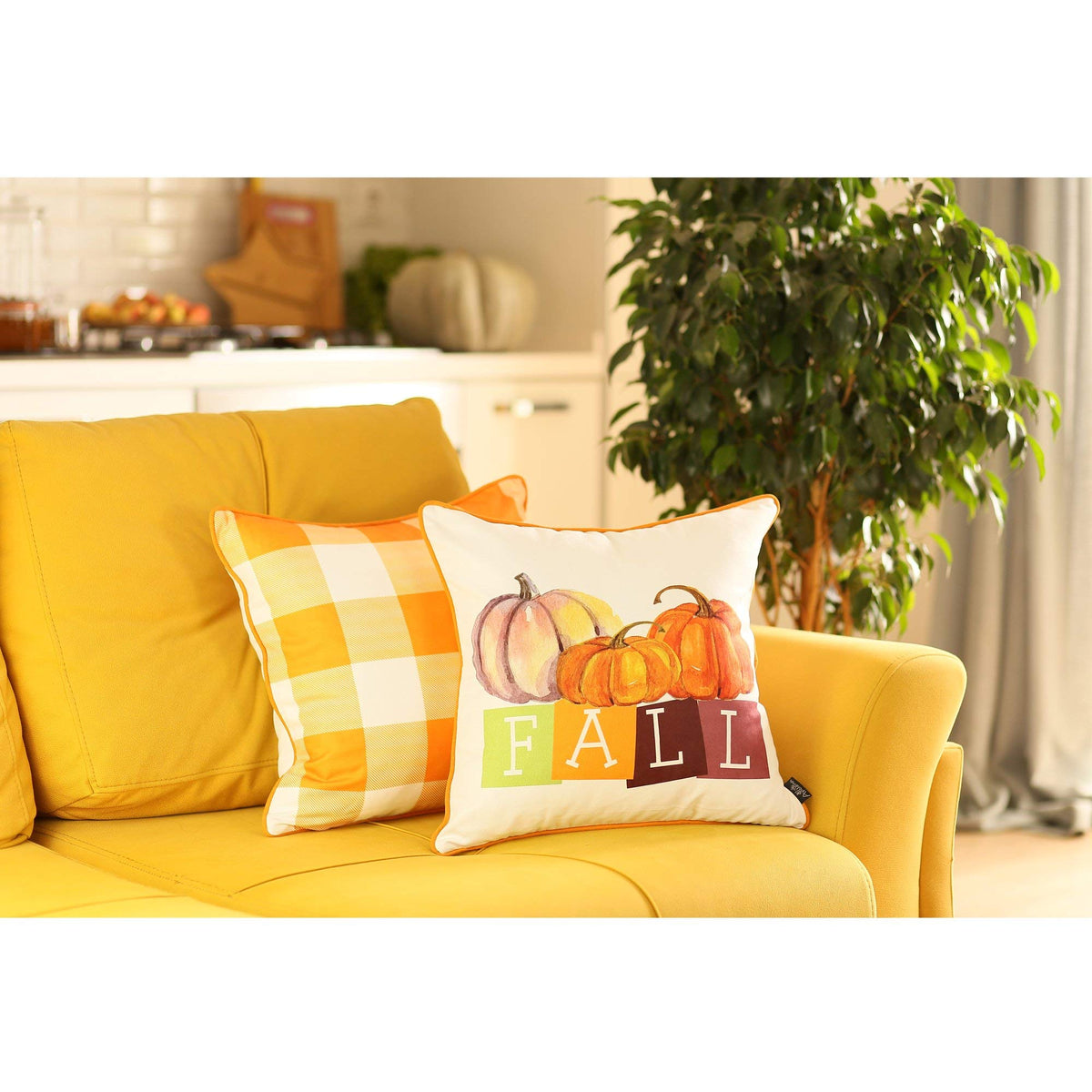 HomeRoots Set of 2 18' Fall Season Pumpkin Gingham Throw Pillow Cover