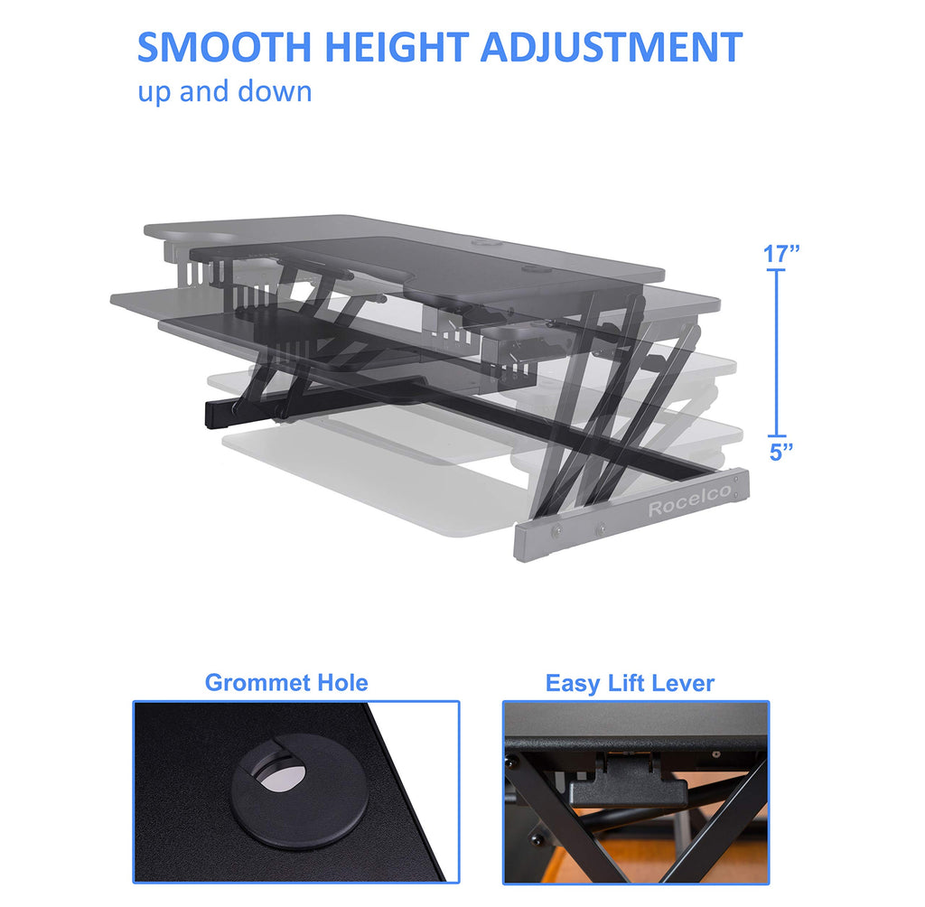 Rocelco 37.5" Deluxe Height Adjustable Standing Desk Converter - Quick Sit Stand Up Dual Monitor Riser - Gas Spring Assist Computer Workstation - Large Retractable Keyboard Tray - Black (R DADRB)