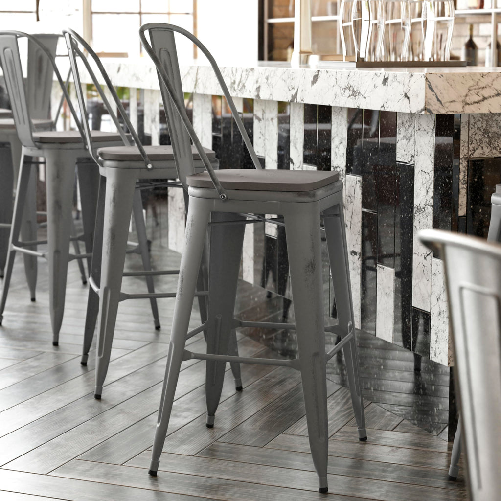 Flash Furniture Lincoln Commercial Indoor Metal Bar Stool - Clear Coated Metal Frame - Gray Polystyrene Seat - 24 Inches High - Vertical Slat Back