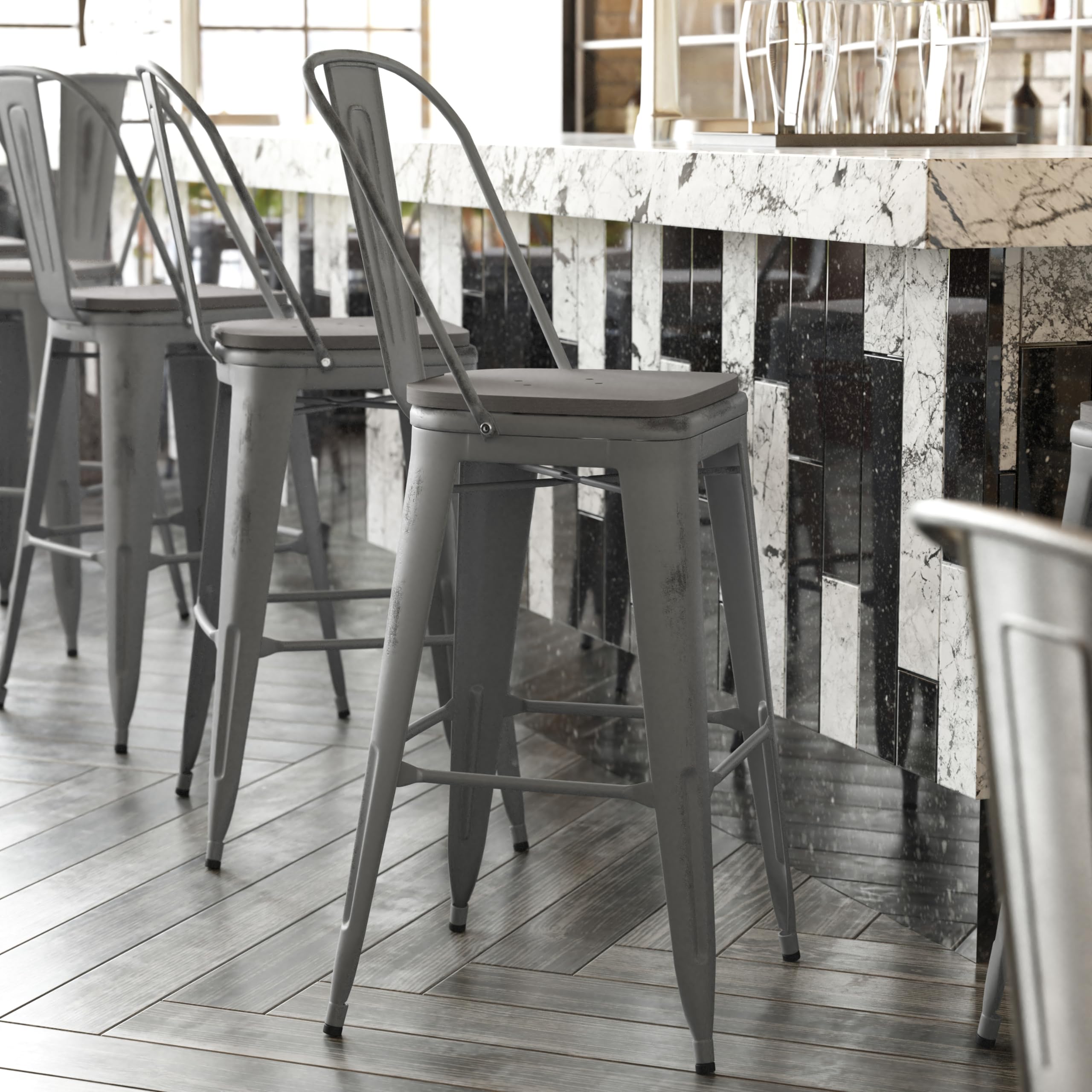 Flash Furniture Lincoln Commercial Indoor Metal Bar Stool - Clear Coated Metal Frame - Gray Polystyrene Seat - 24 Inches High - Vertical Slat Back