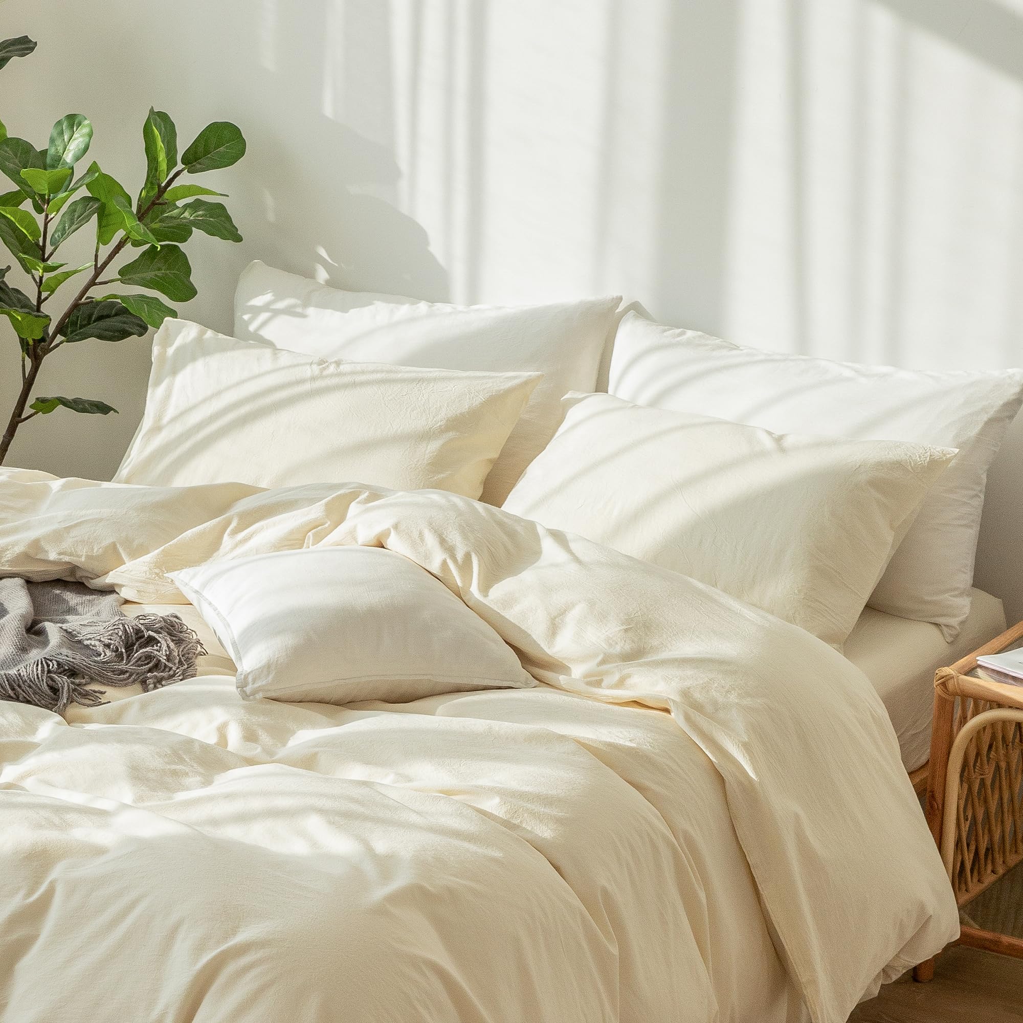 Moomee Bedding Pillowcases Pack Of 2 100% Washed Cotton Linen Like Textured Breathable Durable Soft Comfy (Cream White, Queen)