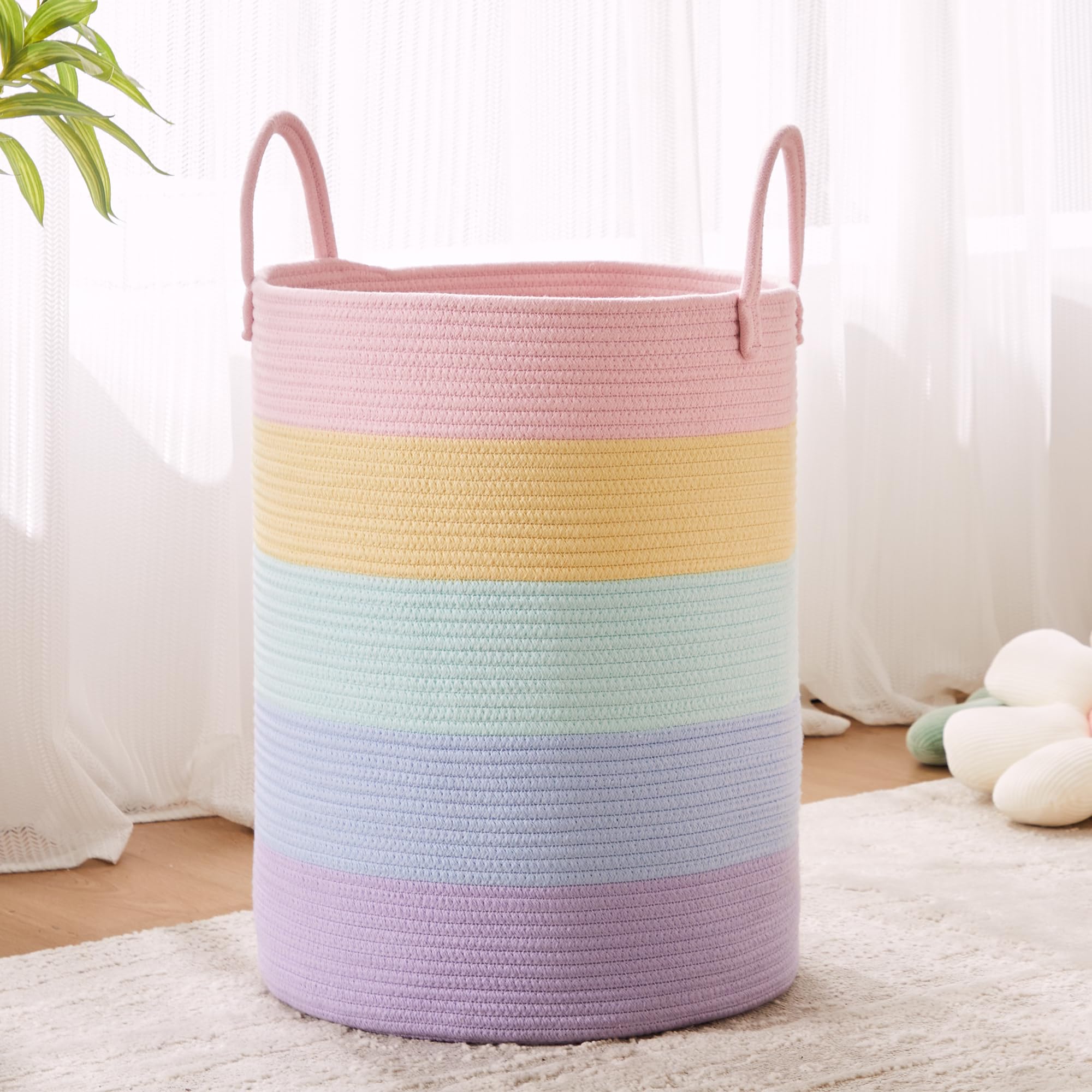 MOJOSCEND 62L Rainbow Baby Girls Kids Hamper Laundry Basket Tall Woven Rope Nursery Hamper for Clothes Pastel Unicorn Blanket Ba