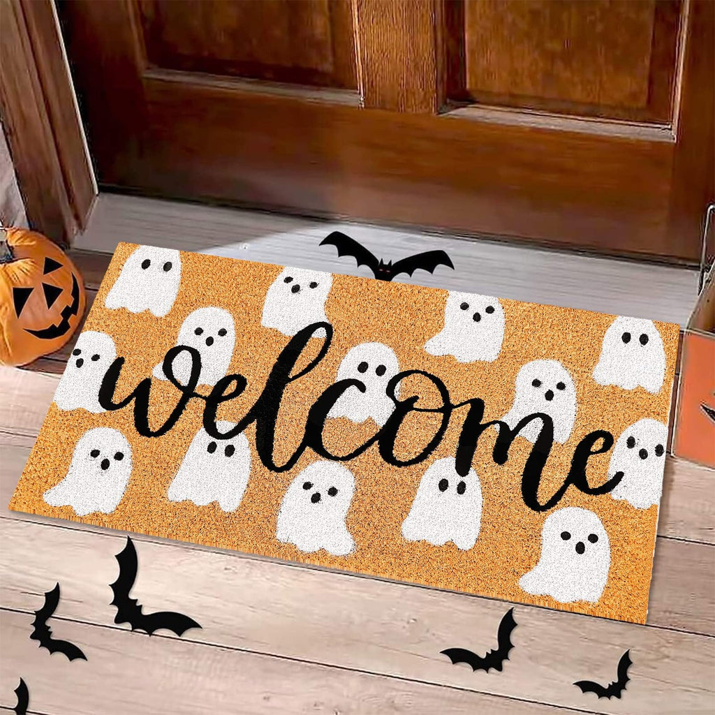Jarthenaamcs Halloween Natural Coir Doormat Cute Ghost Welcome Floor Mat Non-Slip Entrance Door Rugs For Indoor Outdoor Bathroom