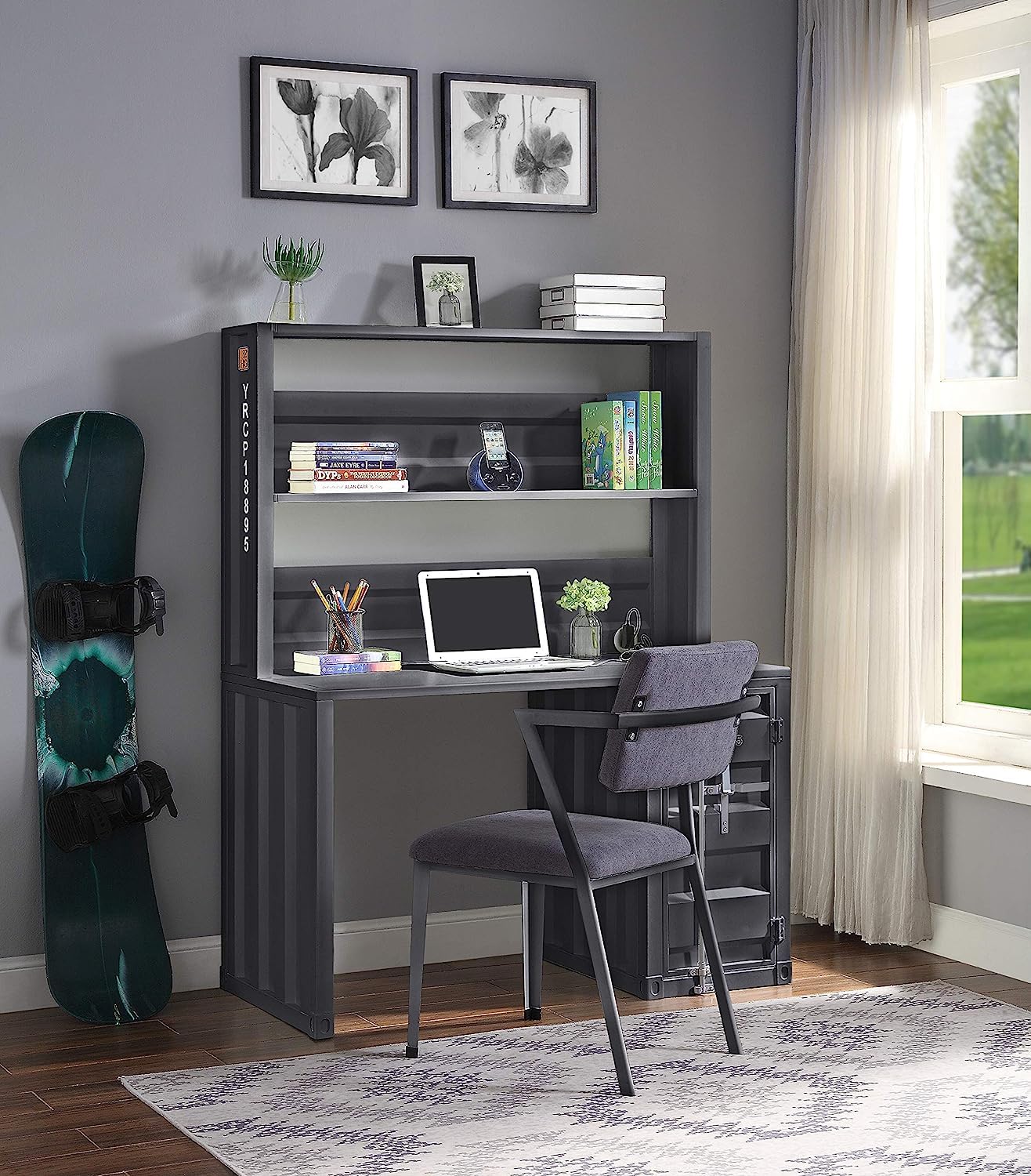 Acme Cargo Metal Frame Desk and Hutch with Storage Base in Gunmetal