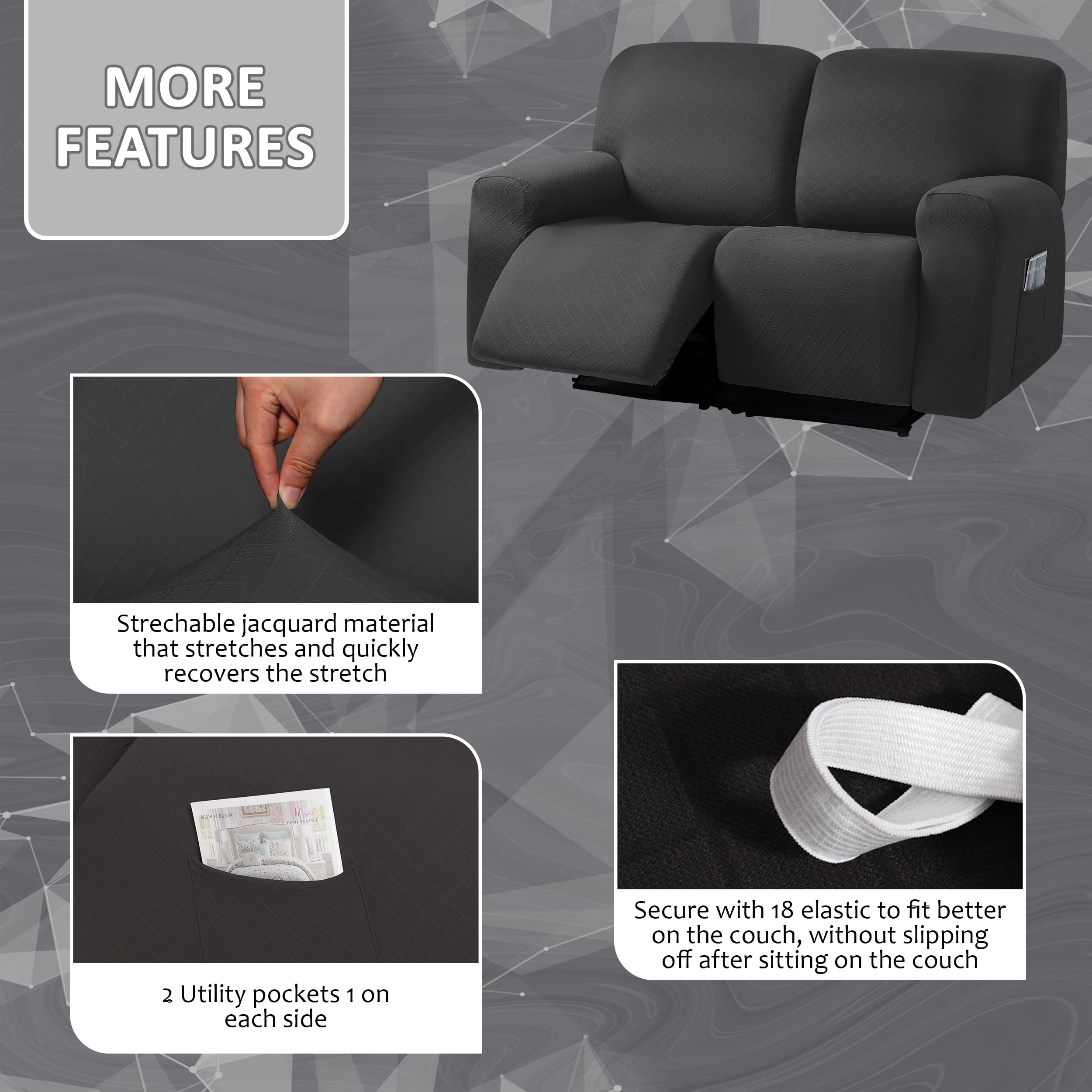 Ulticor Jacquard Fabric Loveseat Cover, 6-Piece, 48-65'' L, Reclining Sofa Cover, Washable, Black