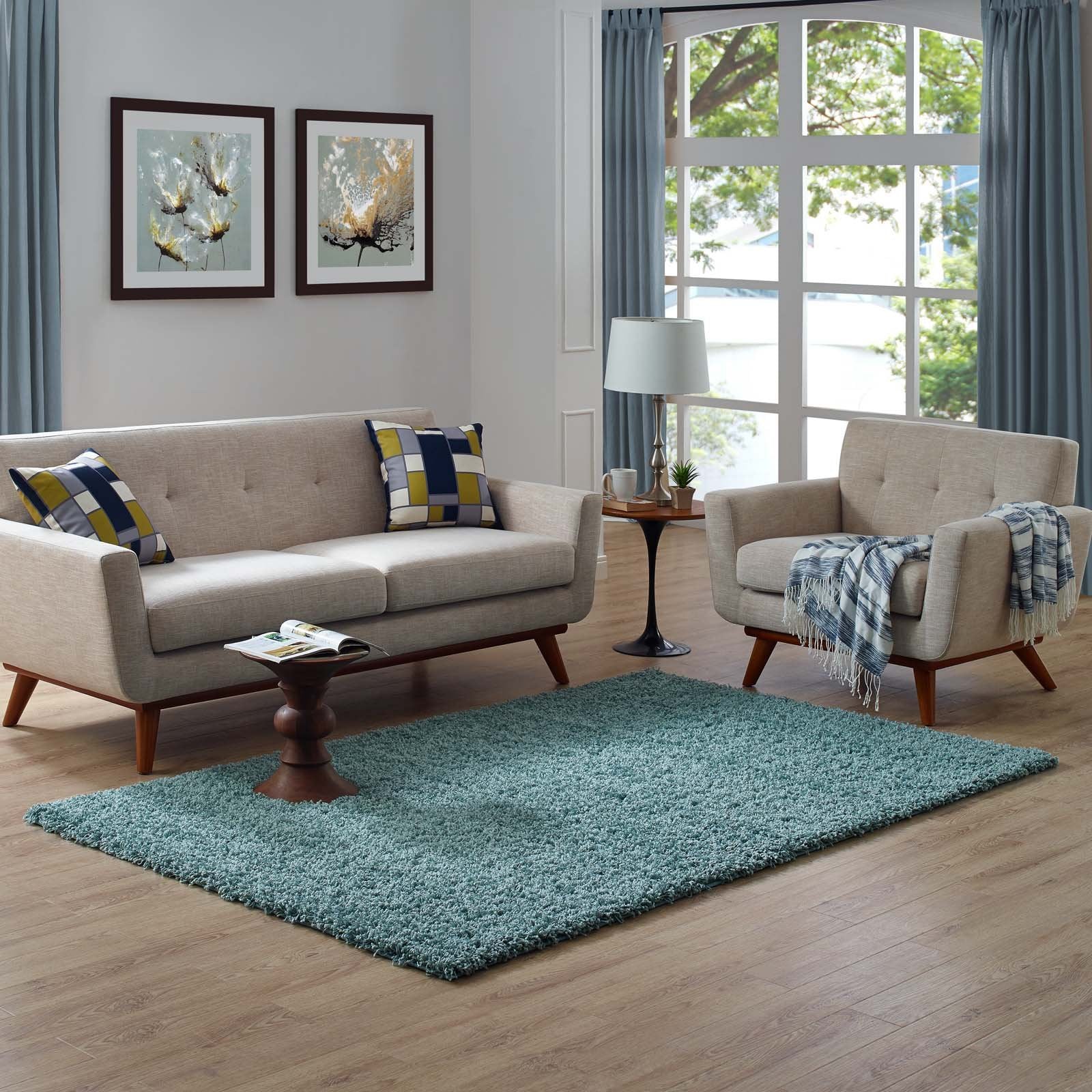 Modway Enyssa 5X8 Solid High Pile Shag Area Rug With In Aqua Blue And Ivory