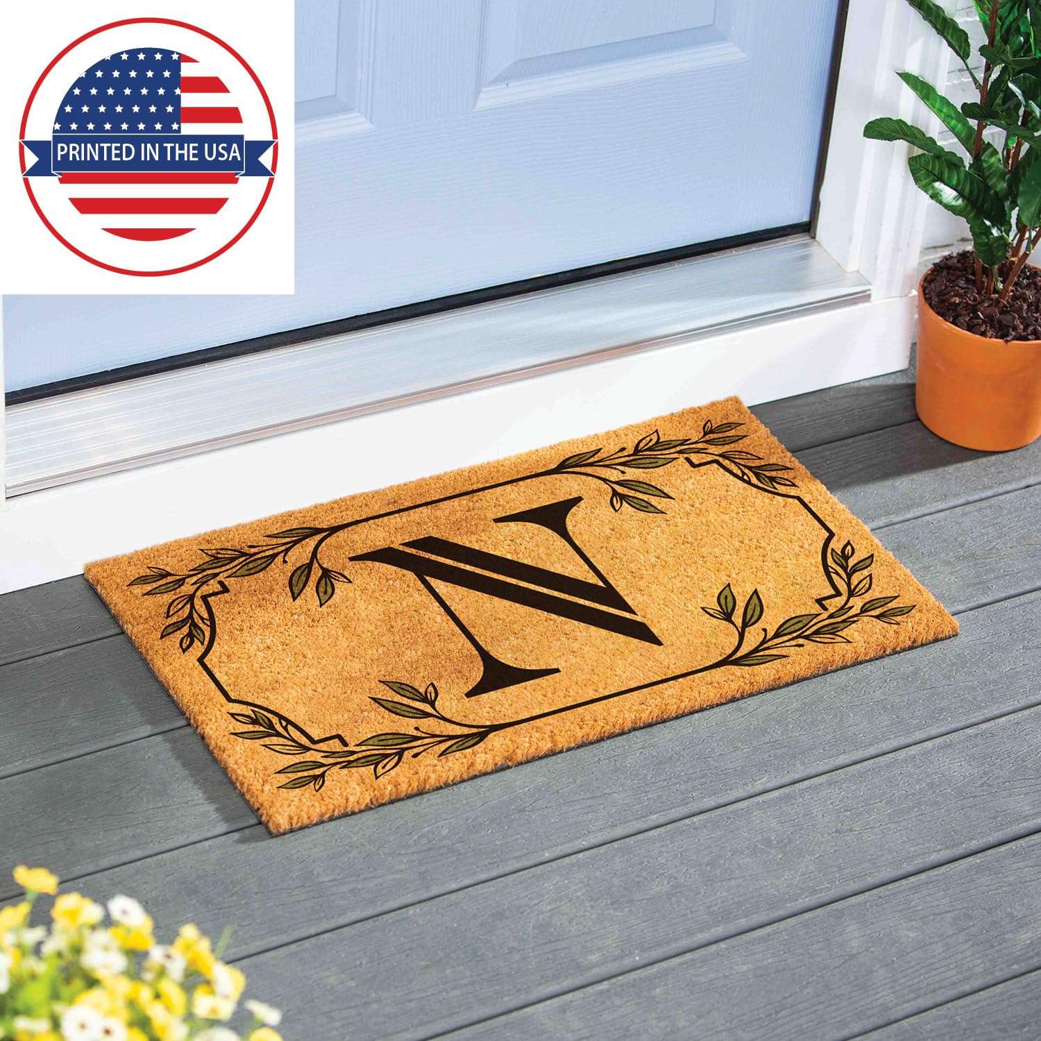 Evergreen Monogram Coir Doormat | Letter N | Front Door Mat For Outdoor Indoor Entrance | 28X16 Inches | Non-Slip Backing Doorwa