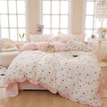 Vm Vougemarket Pink Ruffle Duvet Cover Queen With Cute Strawberry Fruit Printed Reversible Pink Striped Lace Comforter Cover Cot