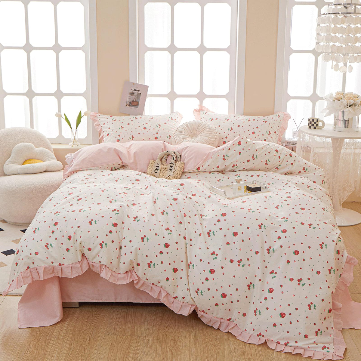Vm Vougemarket Pink Ruffle Duvet Cover Queen With Cute Strawberry Fruit Printed Reversible Pink Striped Lace Comforter Cover Cot