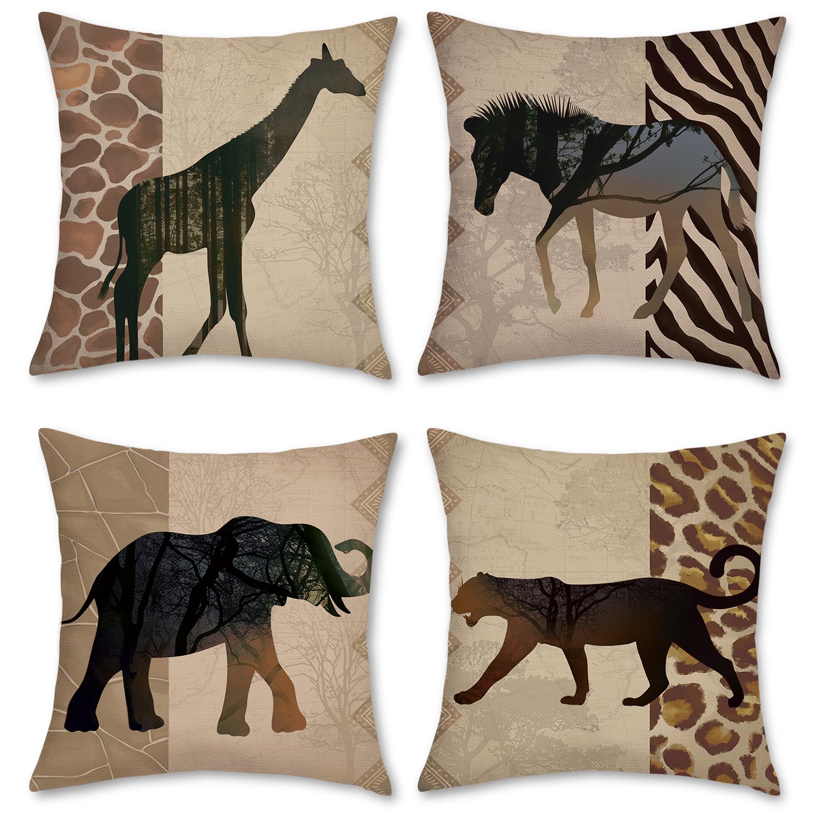 Bonhause African Animals Leopard Throw Pillow Covers 18 X 18 Inch Set Of 4 Giraffe Elephant Horse Zebra Decorative Pillows Case