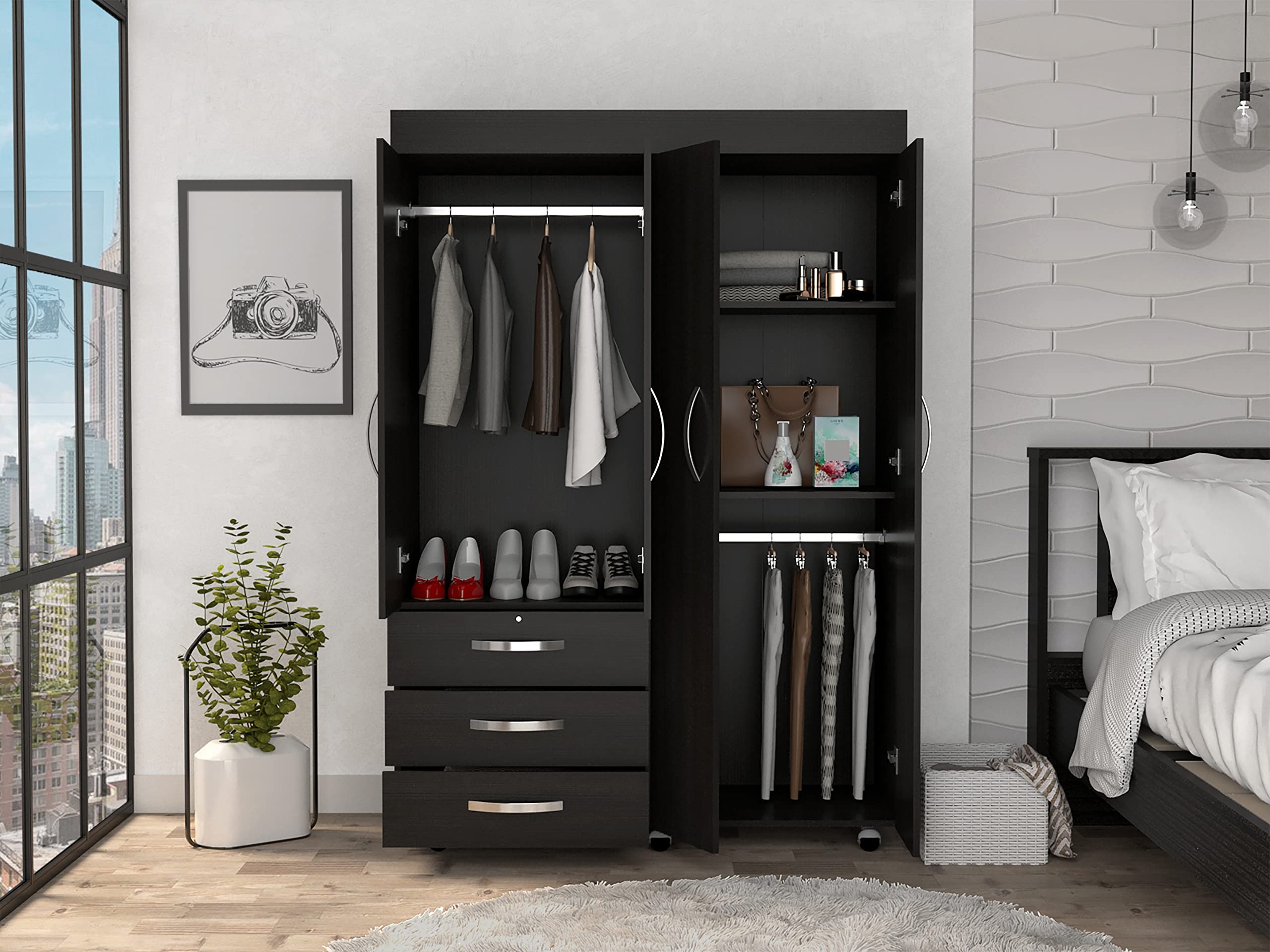 DEPOT E-SHOP Hamilton Mobile Armoire with 2 Double Door Cabinets, 3 Drawers, 2 Rods, and Inner Shelves, Black