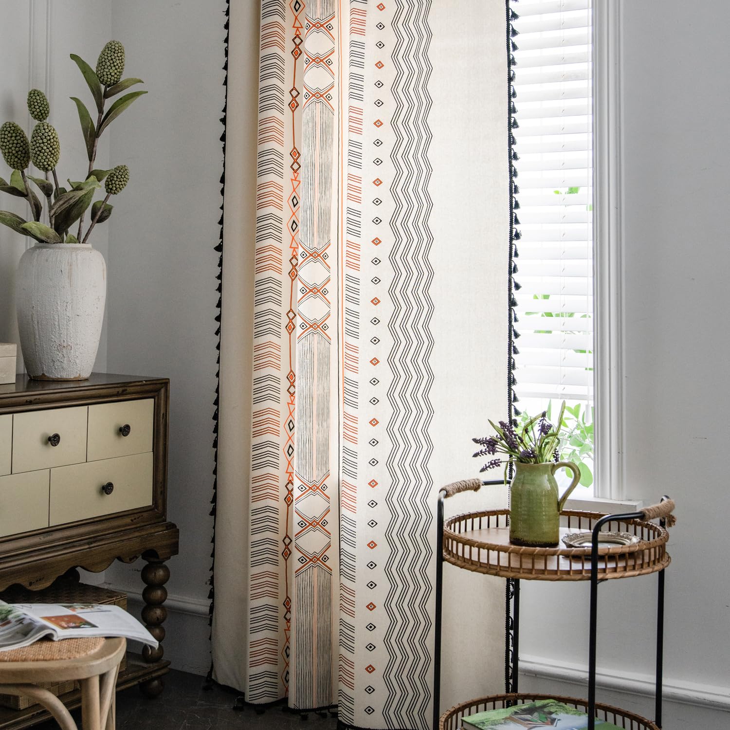 Colorbird Boho Curtains For Bedroom, 2 Panels 63 Inch Semi Blackout Living Room Darkening Curtains, Geometric Tribal Fall Cotton