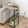 Vagusicc C Shaped End Table with Charging Station, Small Side Table for Sofa, TV Tray Slide Under Sofa Table for Living Room Bed