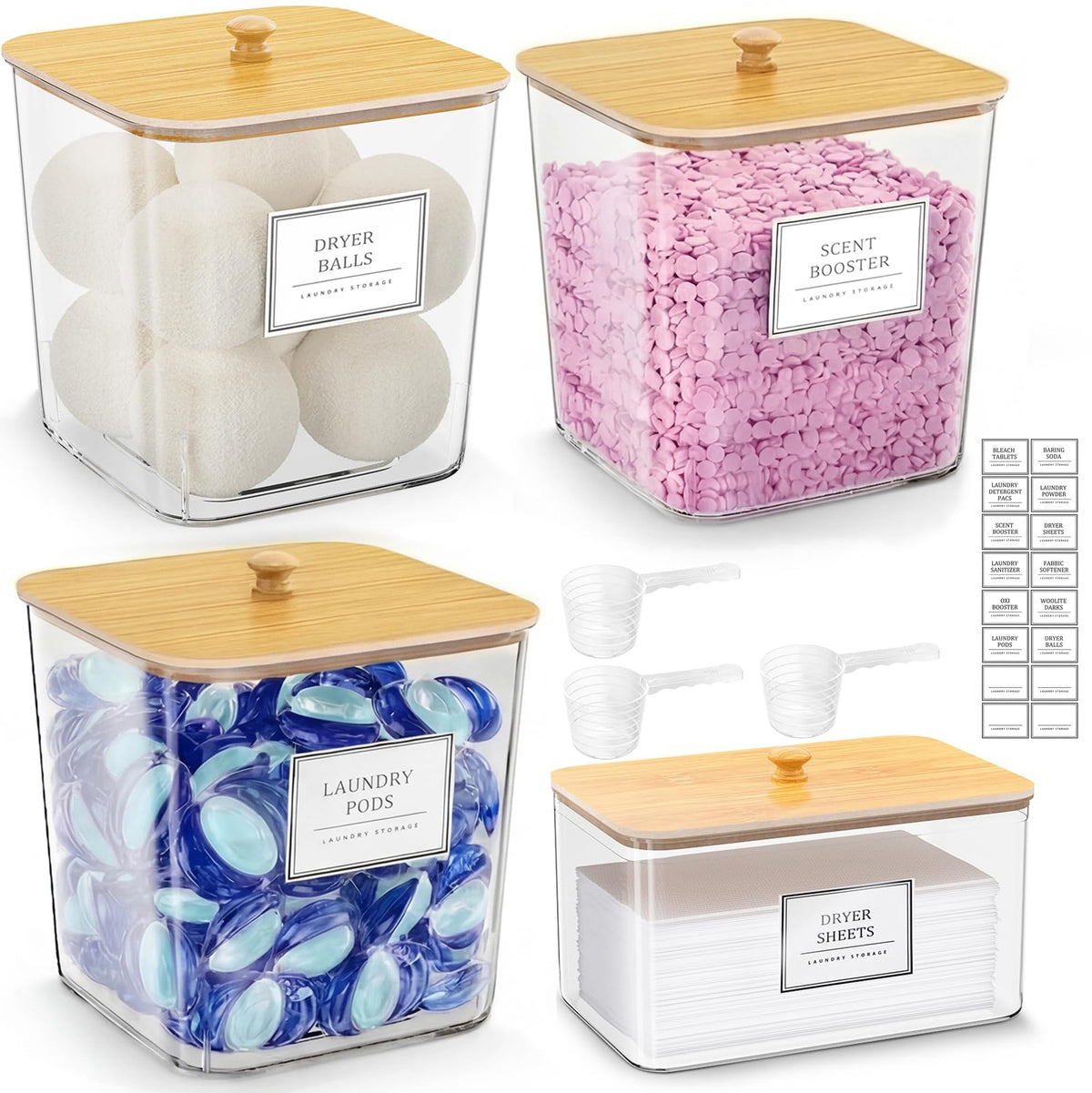 FUSHITON Laundry Pods Storage Container, 3+1 Clear Storage Bins with Bamboo Lids for Detergent Pods, Scent Beads & Dryer Sheets,
