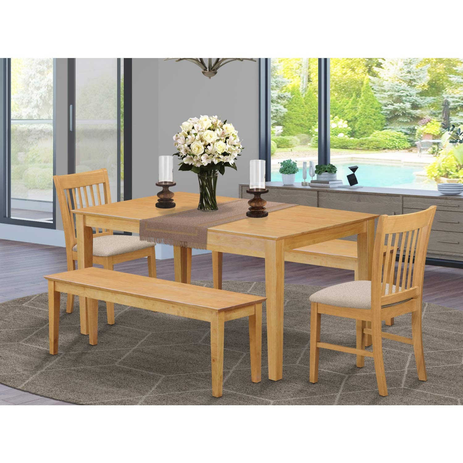East West Furniture CANO5C-OAK-C 5 Piece Dining Set Includes a Rectangle Dining Room Table and 2 Linen Fabric Kitchen Chairs with 2 Benches, 36x60 Inch, Oak