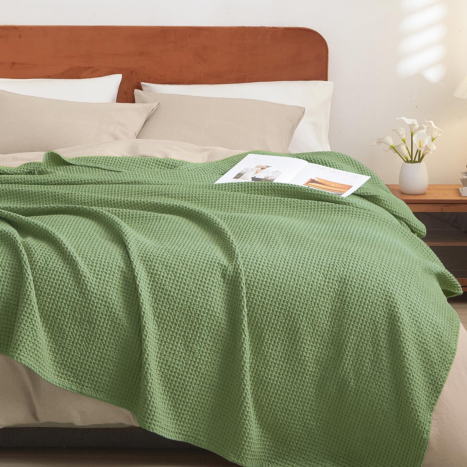 Phf 100% Cotton Waffle Weave Blanket Twin Size 66 'X90 ' - Lightweight Washed Soft Breathable For Adults And Kids - Great Laye