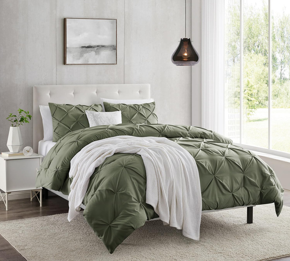Nestl Olive Green Duvet Cover Full Size - Pintuck Full Size Duvet Cover Set, 3 Piece Double Brushed Duvet Cover With Button Clos