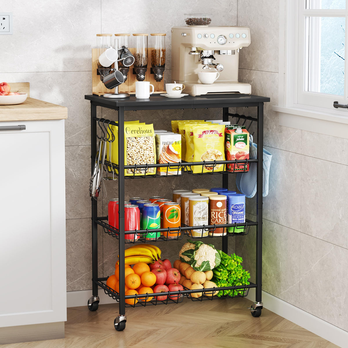 SWTYMIKI 24.4x15.7 Rolling Microwave Cart  4 Tier Microwave Table Stand with 6 Storage Baskets, Coffee Bar with Wheels, Kit
