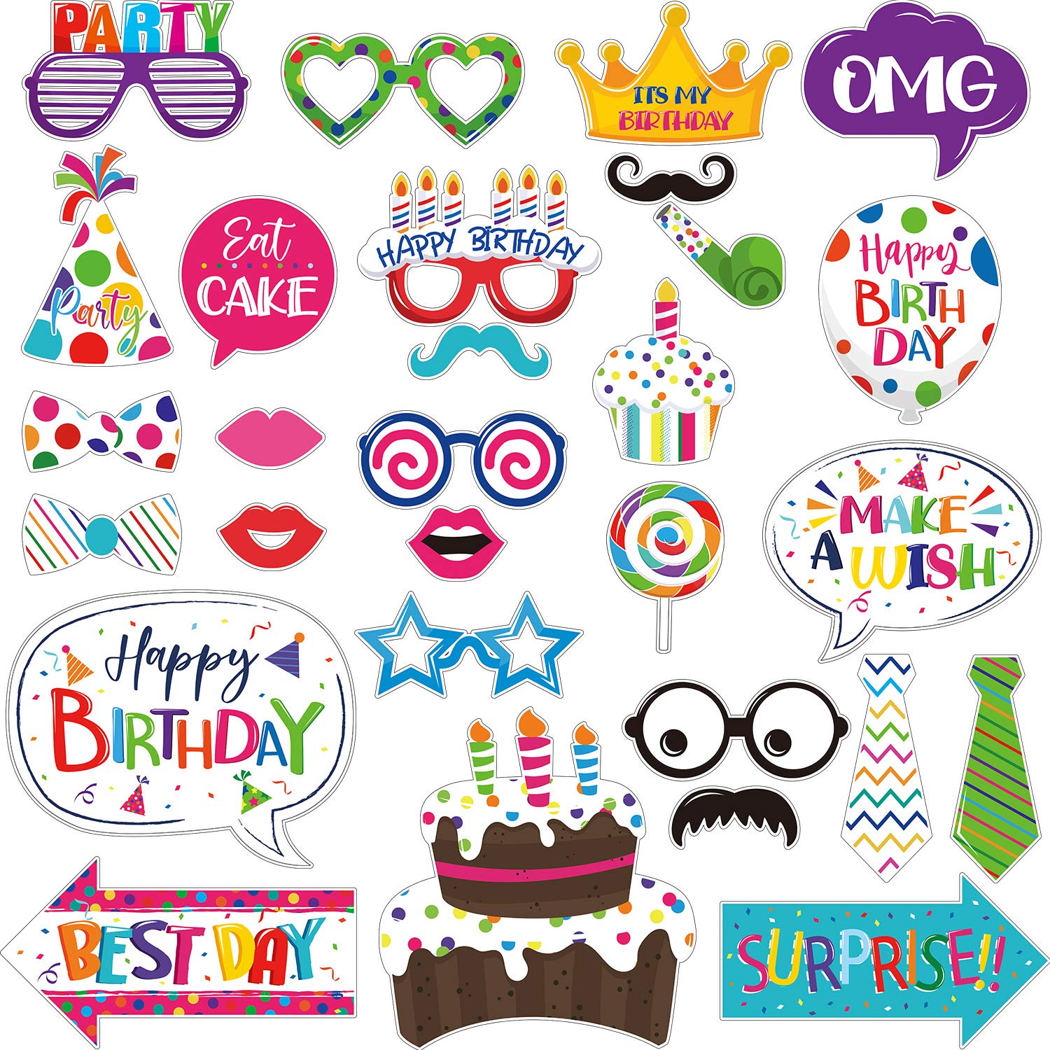 29 Pieces Birthday Photo Booth Props Kit Colorful Funny Kids Birthday Theme Table Centerpiece Craft Cutouts with Glue Point Dots