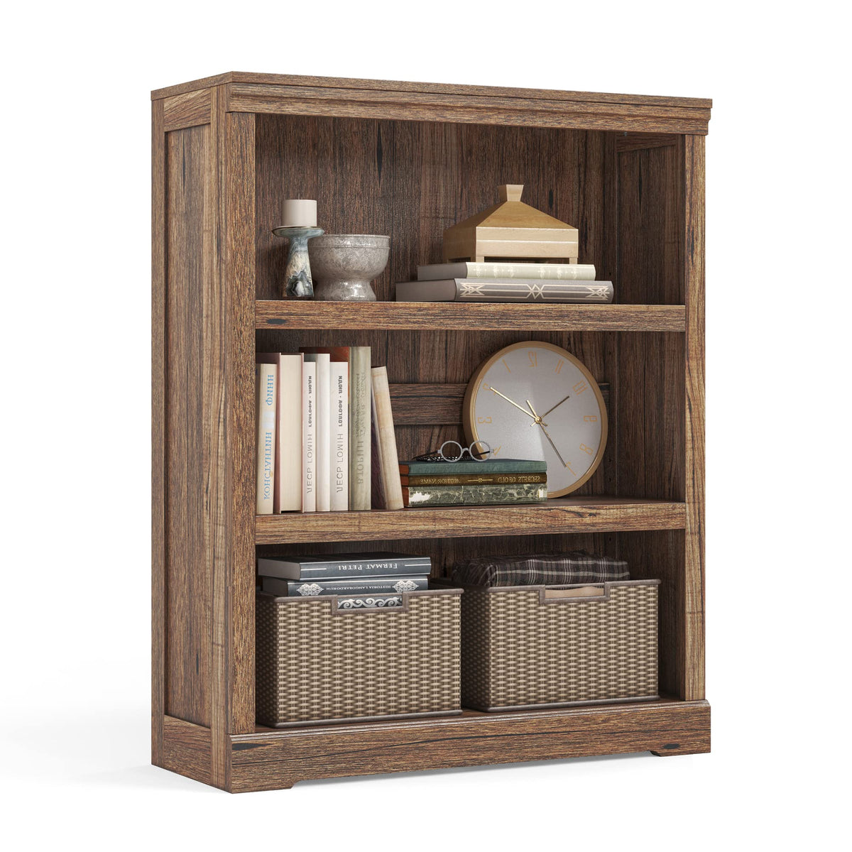 Linsy Home 3-Tier Bookcase Display Storage Shelves Farmhouse Bookshelf For Home Office, Living Room, Bed Room - Dark Brown