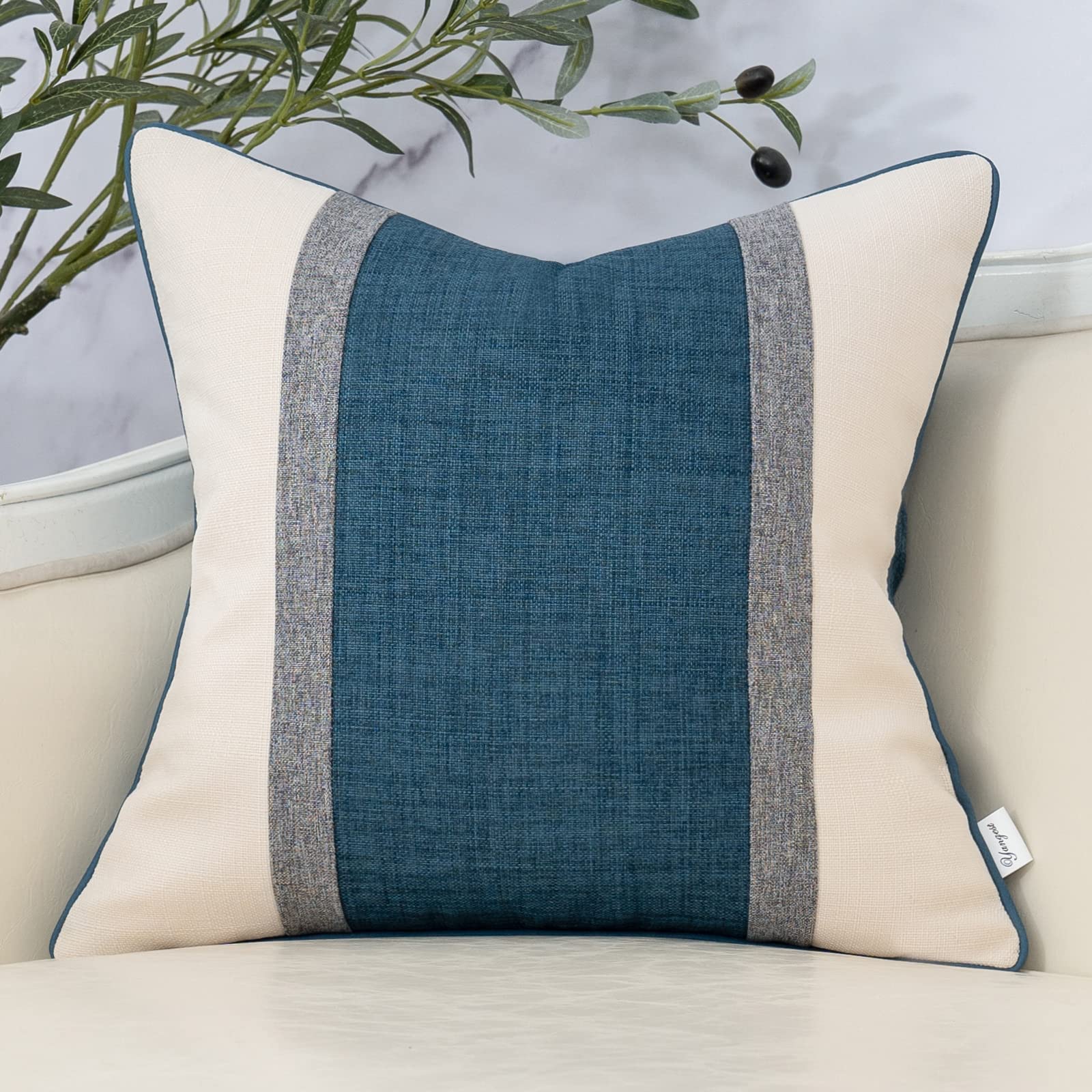Yangest Blue Patchwork Linen Throw Pillow Cover Farmhouse Burlap Cushion Case Neutral Pillowcase For Sofa Couch Bedroom Living R
