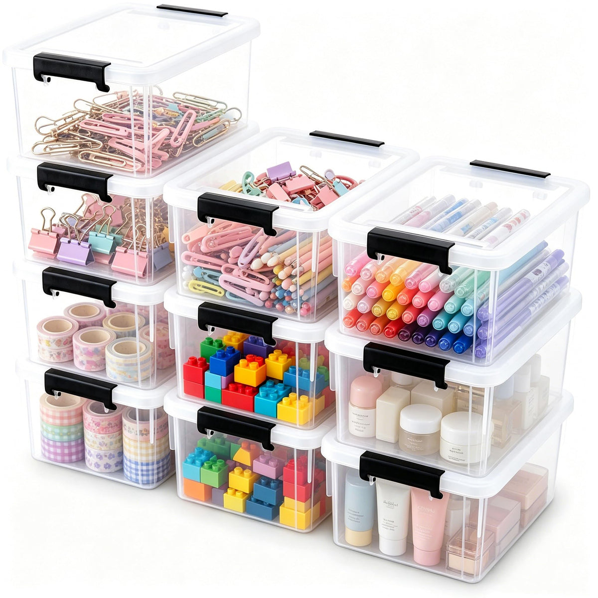 Sinboun 10 Pack 1.3 Quart Plastic Storage Bins with Lids Small Storage Containers Stackable Box with Buckleup Latches for Organ