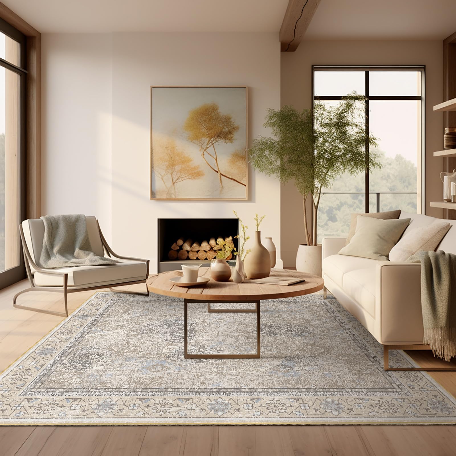 Ashler Boho Rug, 8x10 Area Rugs, Vintage Rugs, Large Area Rug, Rugs for Living Room, Bedroom, Kitchen, Dinner, Beige/Natural/Lig