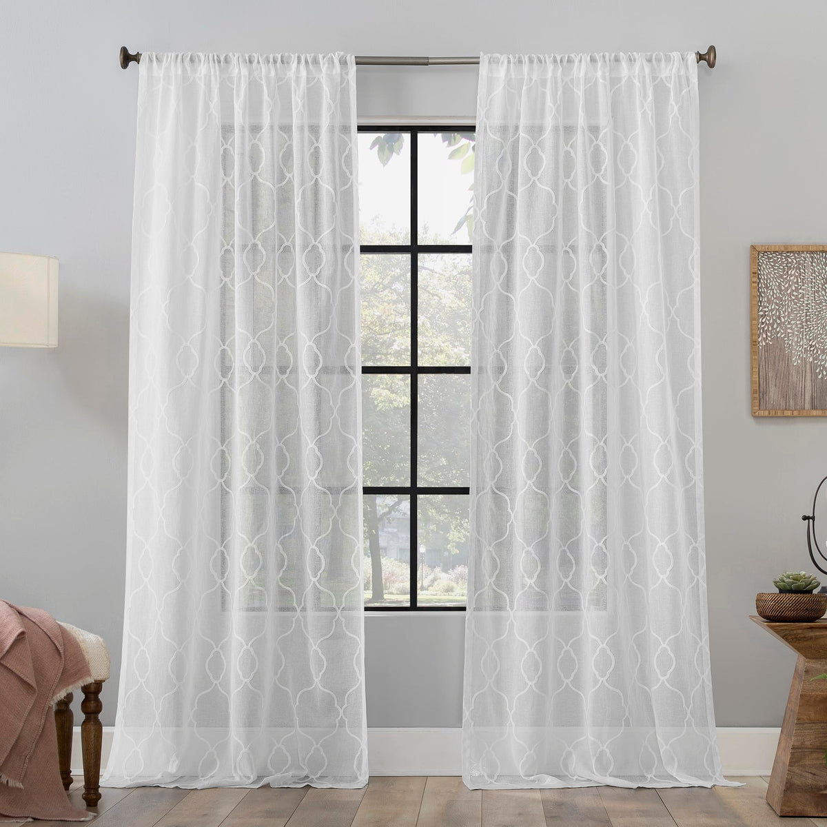 Clean Window Embroidered Trellis AntiDust Allergy/Pet Friendly Sheer Curtain Panel, 50 W x 84 L, White