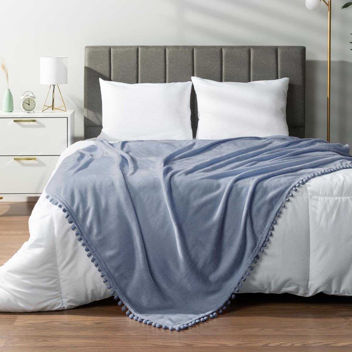 Pavilia Fleece Throw Blanket For Couch With Pom Pom Fringe, Light Blue Dusty, Soft Cozy Fuzzy Flannel Blanket For Sofa Bed, Larg