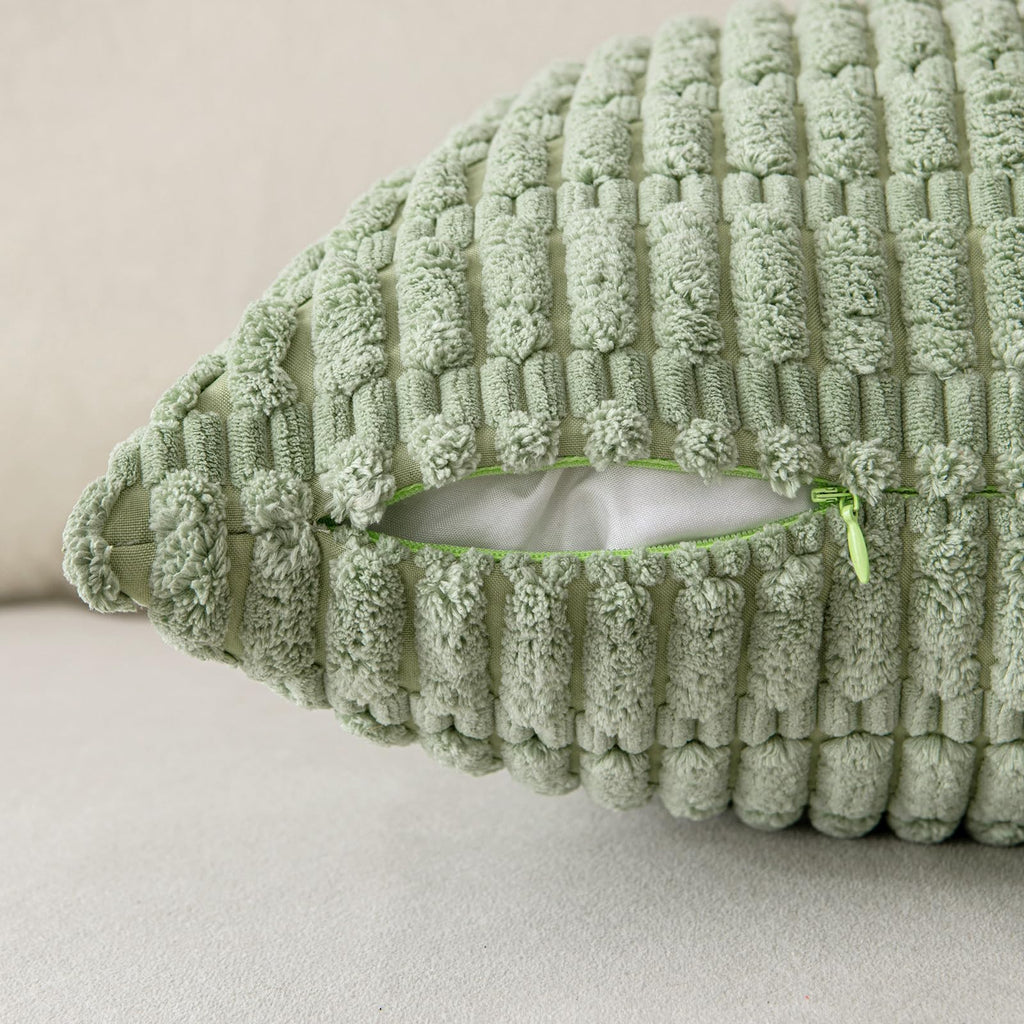 Anroduo Pack Of 2 Sage Green Decorative Throw Pillow Covers 18X18 Inch For Couch Bed Living Room Soft Corduroy Striped Square Cu