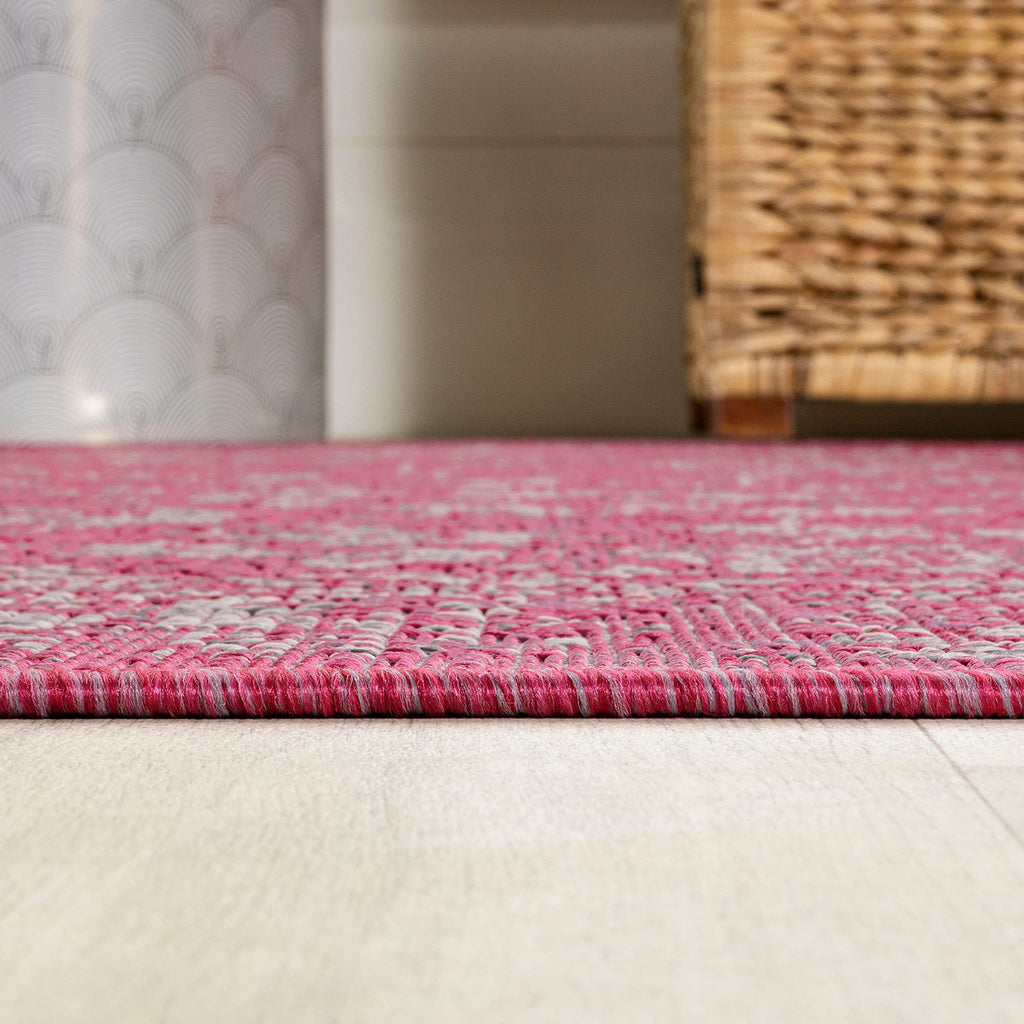 Jonathan Y Smb100G-5Sq Tela Bohemian Textured Weave Floral Indoor Outdoor Area Rug, Coastal Traditional Transitional Easy Cleaning,Bedroom,Kitchen,Backyard,Patio, Fuchsia/Light Gray, 5' Square