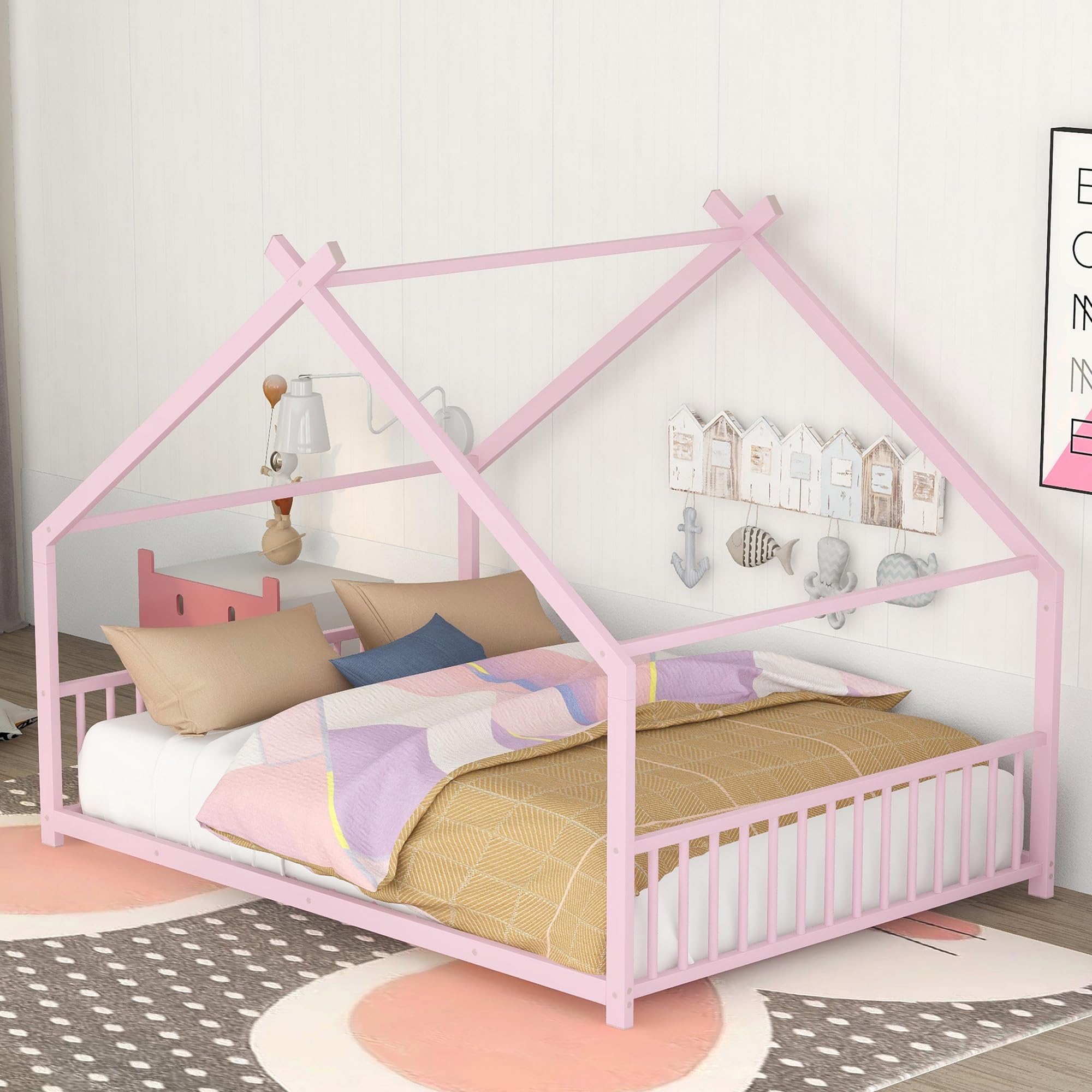 Montessori Floor Bed with Headboard and Footboard, Twin Floor Bed with Slats, Metal House Floor Bed for Kids, Girls, Boys, Pink 