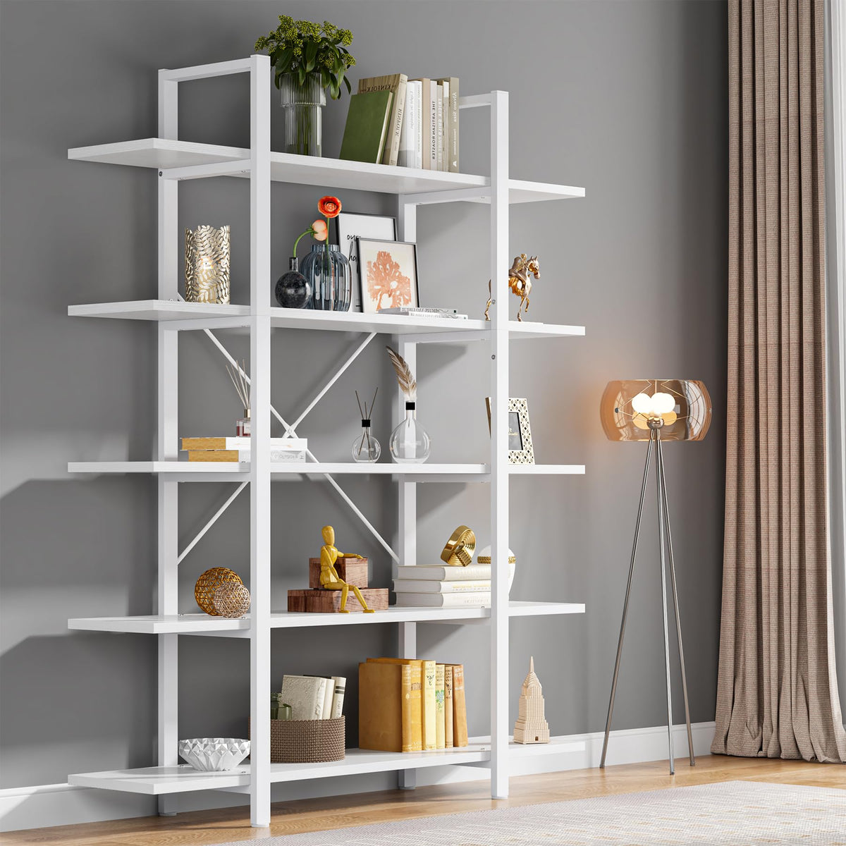 Tribesigns 5-Tier Bookshelf, Vintage Industrial Style Bookcase 72 H x 12 W x 47L Inches (White&White)
