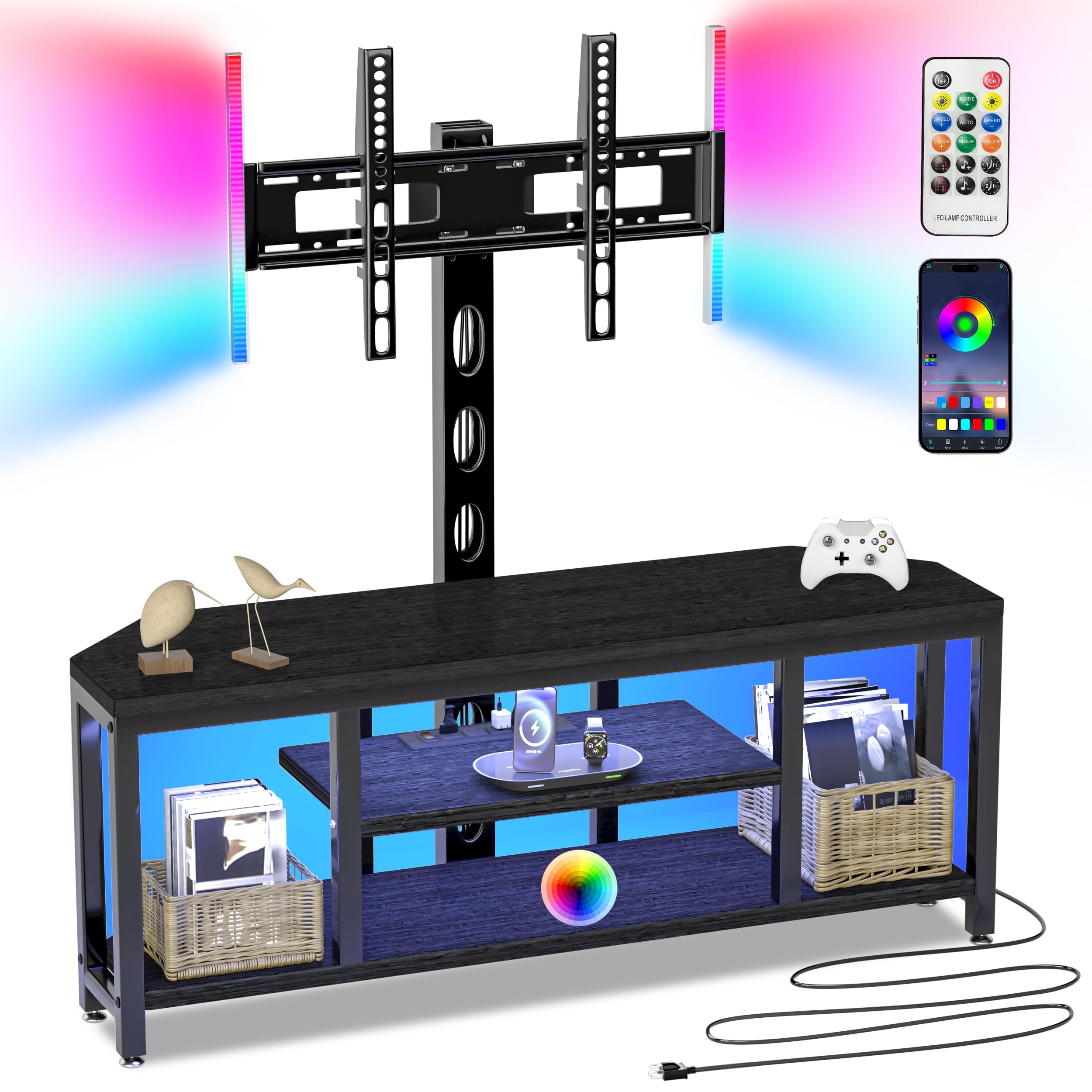 Corner TV Stand with Mount LED - Universal TV Mount Stand for 32-65 TV, Height Adjustable Swivel TV Console Wood & Steel Enterta