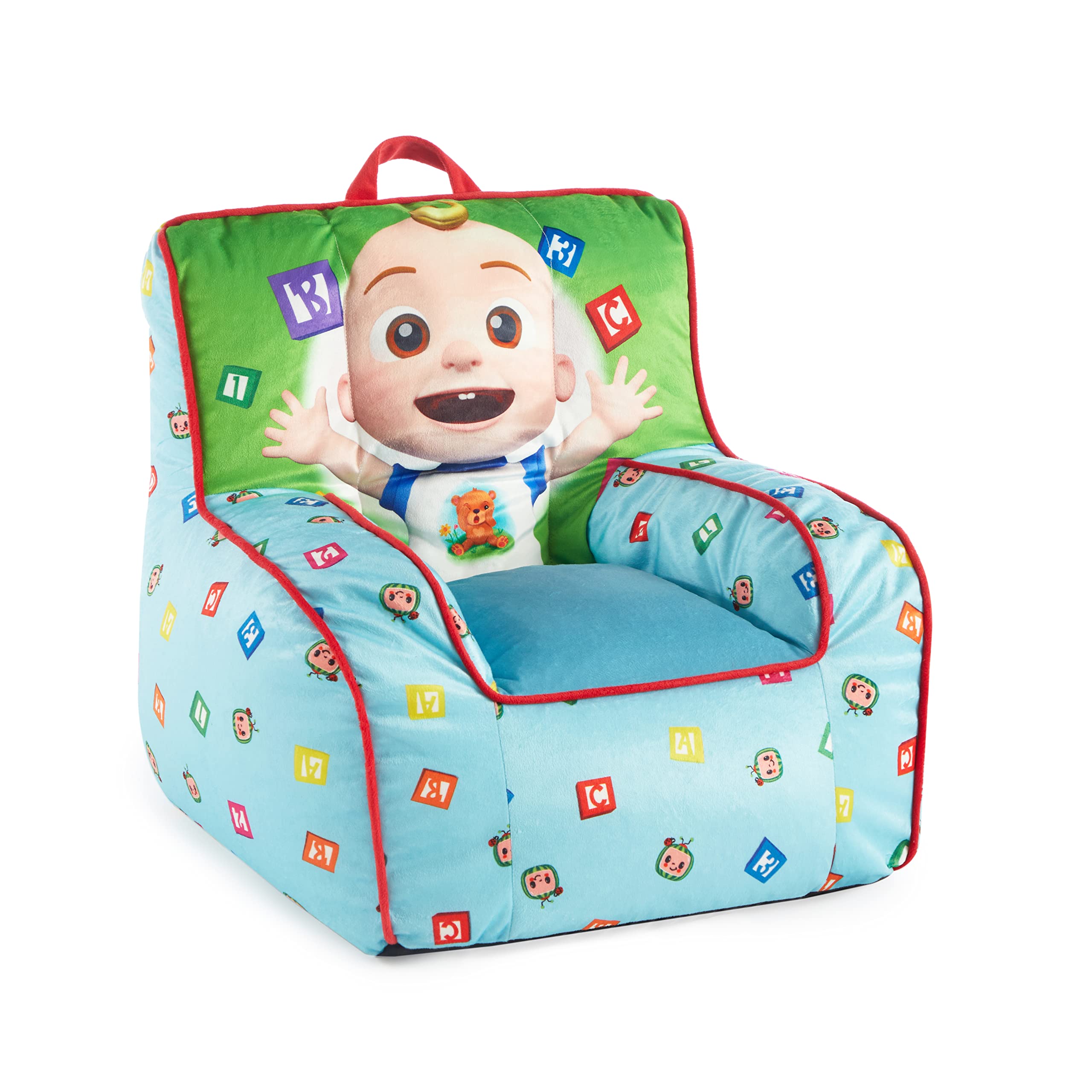 Idea Nuova Cocomelon Kids Mink Plush Bean Bag Chair With Piping & Top Carry Handle , Large