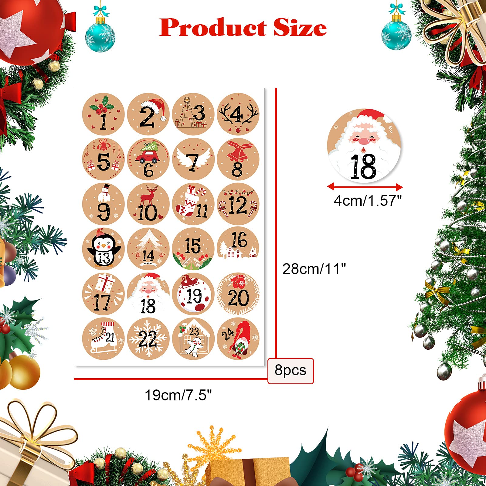 Howaf 192Pcs Christmas Advent Stickers 1-24 Christmas Number Stickers Round Kraft Christmas Countdown Stickers Diy Advent Calend