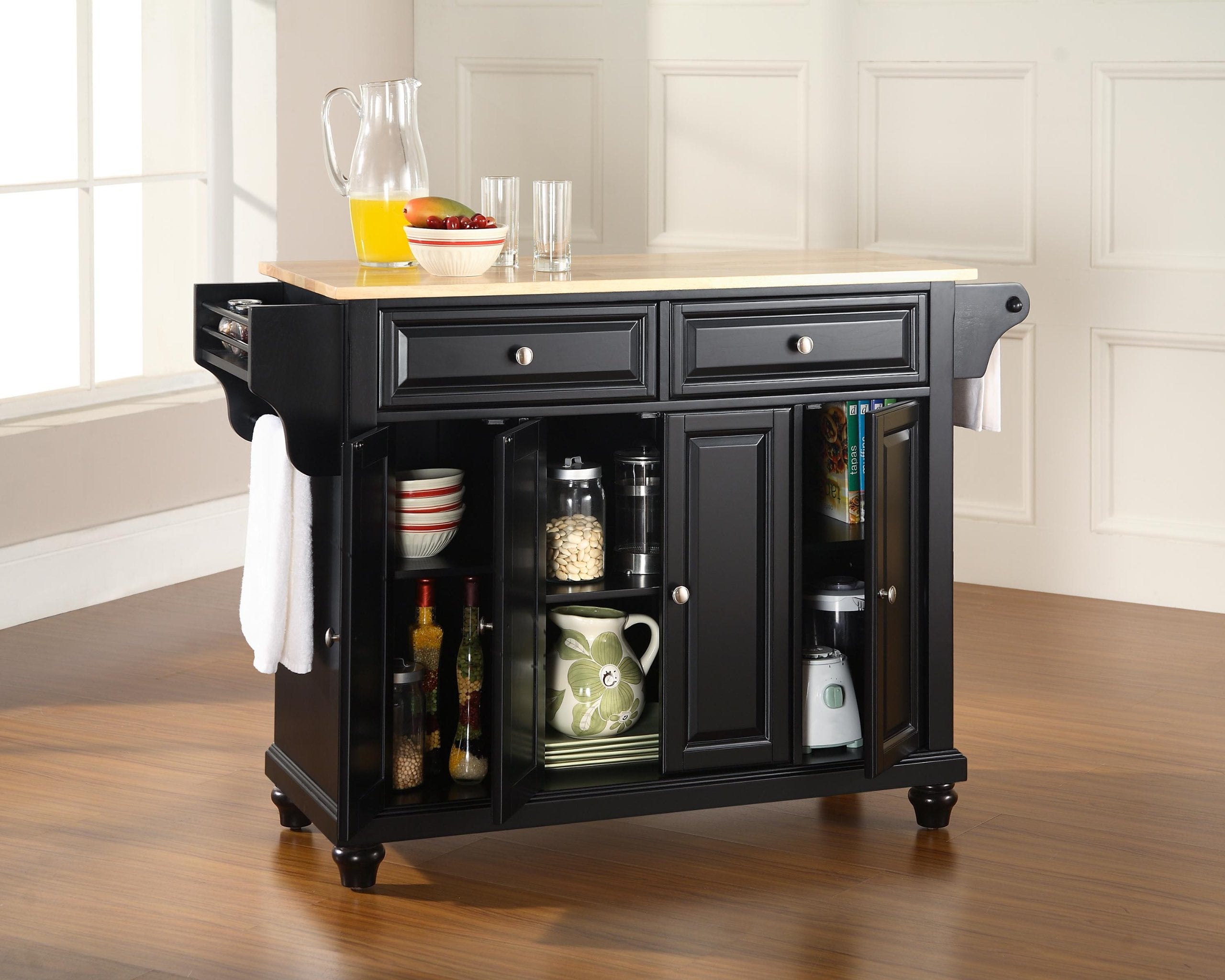 Crosley Furniture Cambridge Wood Top Rolling Kitchen Island Storage Cart, Microwave Stand, Spice Rack, Black