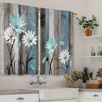 Laifzere Teal Farmhouse Daisy Kitchen Curtains Wooden Flower Small Short Cafe Window Curtains Rustic Floral Butterfly Country Ba
