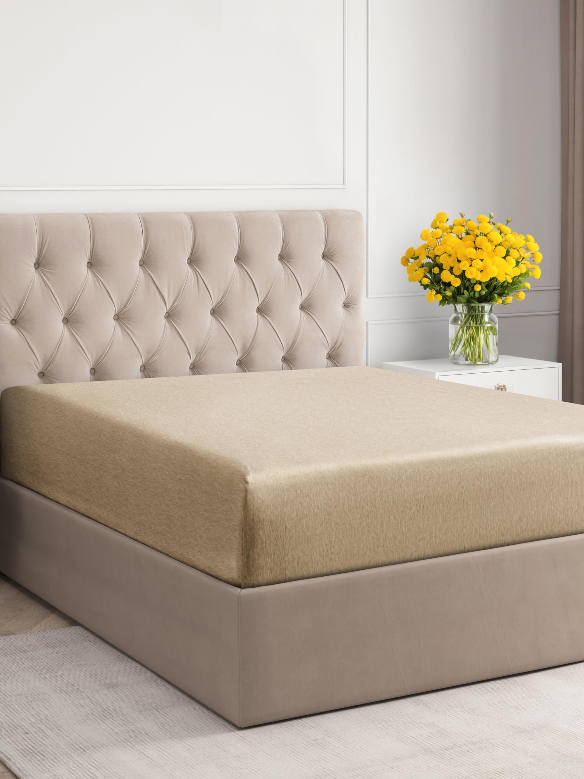 King Size Fitted Bed Sheet - Hotel Luxury Single Fitted Sheet Only - Fits Mattress Up To 16 - Extra Soft, Wrinkle Free, Breathable Sheet - Bottom Fitted Sheet - Heathered Tan Single Fitted Sheet Only