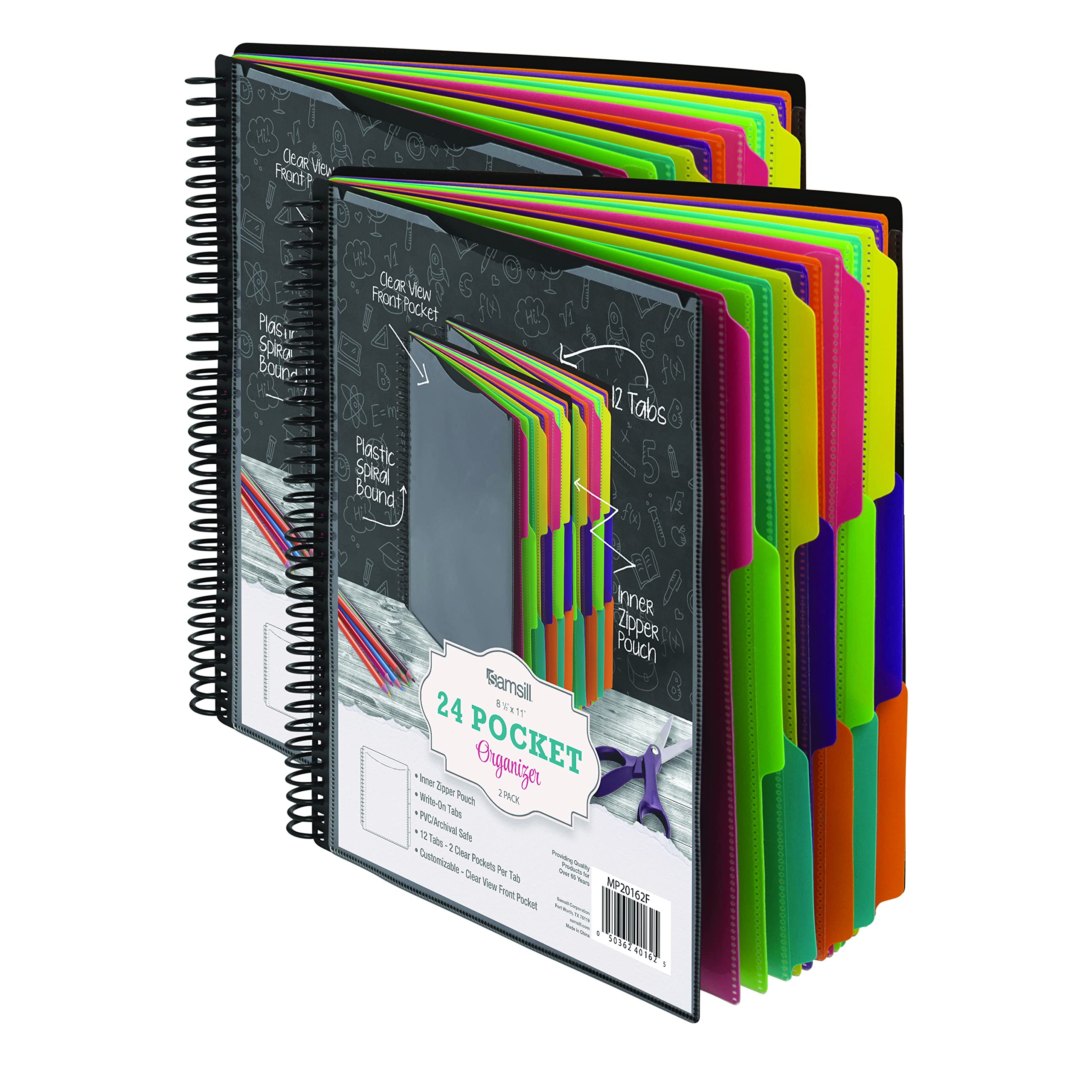 Samsill 2 Pack Deluxe 24 Pocket Spiral Project Folder Organizer With 12 Dividers, Zipper Pouch, Customizable Front Cover, Erasab