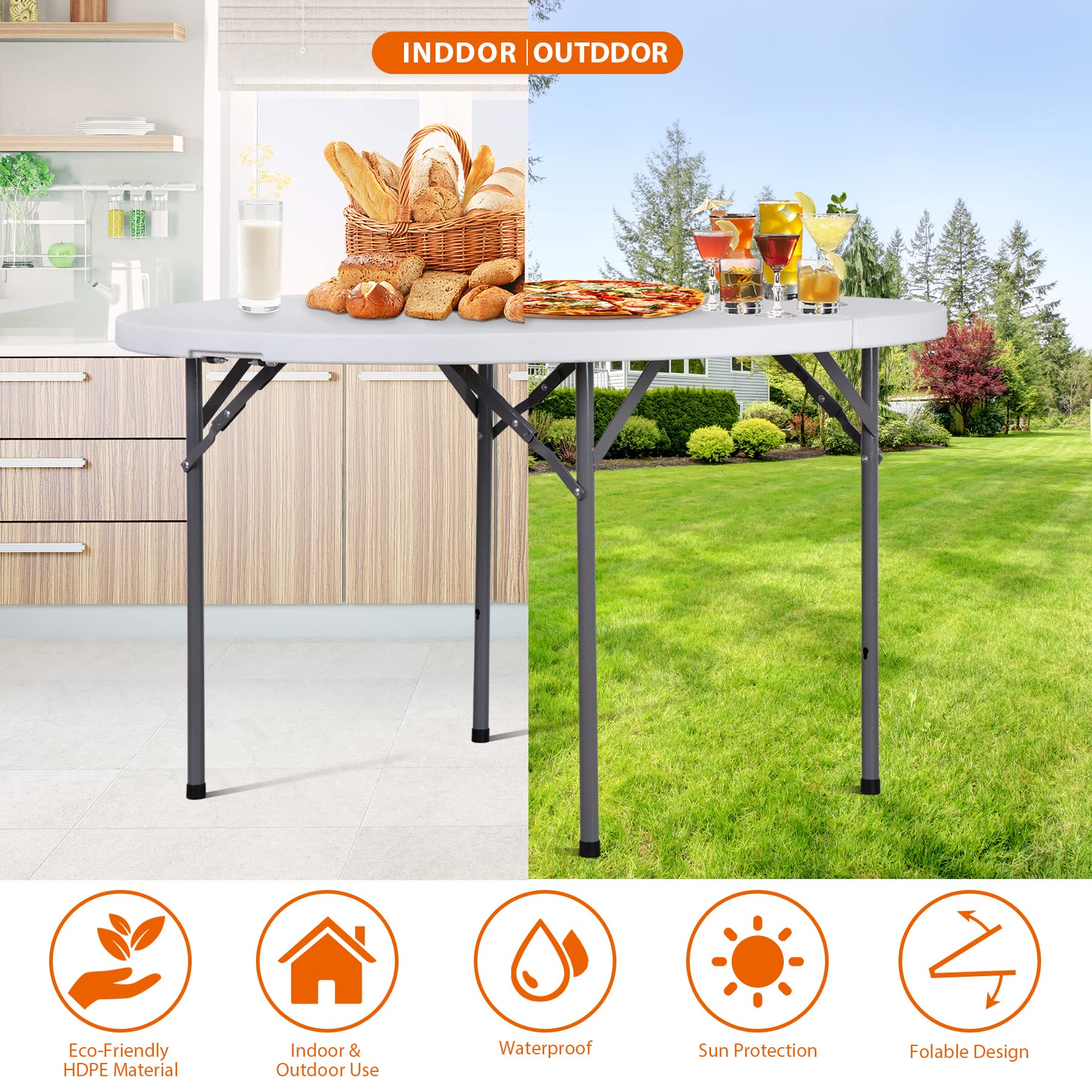 Zenstyle Folding Table, Indoor Outdoor Portable Plastic Dining Card Table Utility Table For Camping Dining Event Party, White (Round, 48'X48')