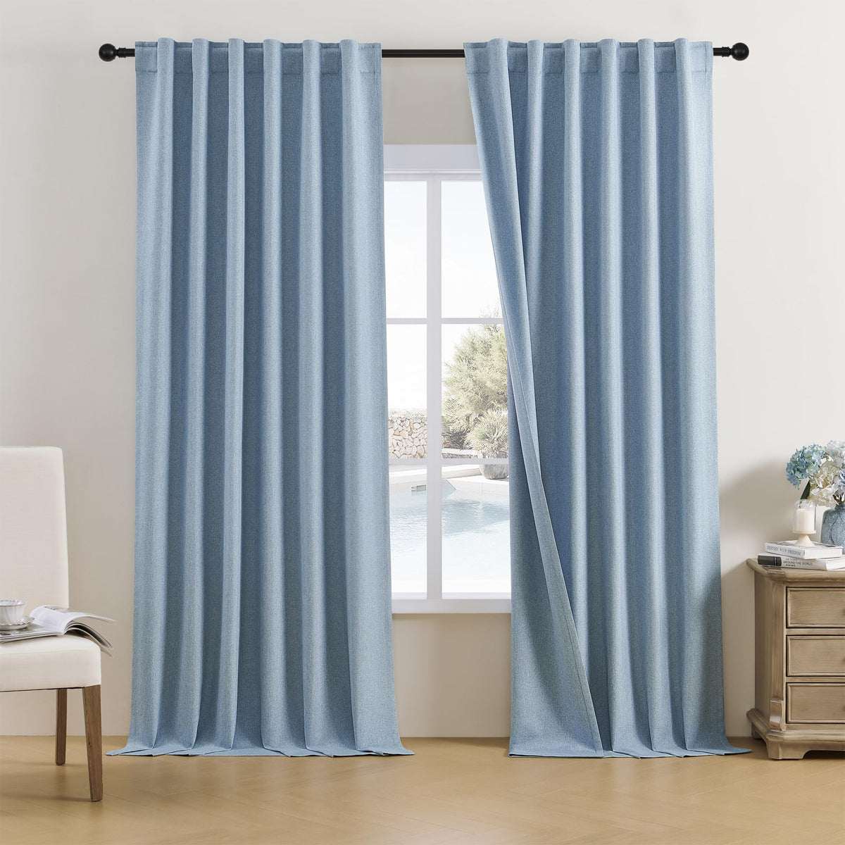 Dualife Extra Long 132 Inch Linen Blackout Curtains 2 Panels, Rod Pocket/Back Tab/Hook Belt Full Light Blocking Shade Curtains F