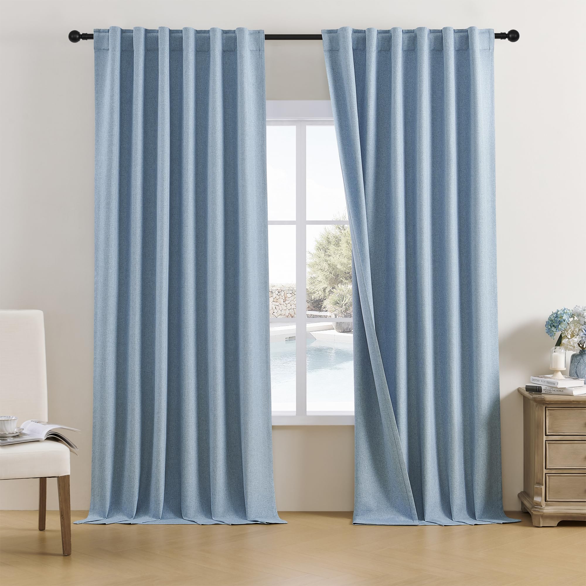 Dualife Extra Long 132 Inch Linen Blackout Curtains 2 Panels, Rod Pocket/Back Tab/Hook Belt Full Light Blocking Shade Curtains F