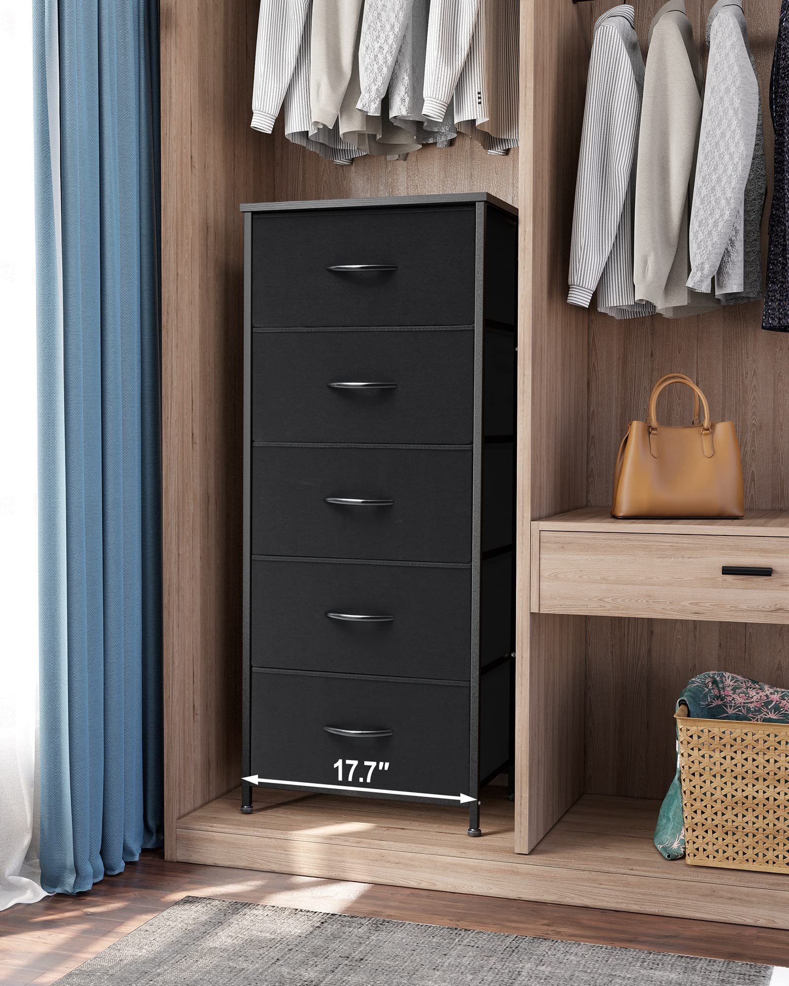 Crestlive Products Vertical Dresser Storage Tower - Sturdy Steel Frame, Wood Top, Easy Pull Fabric Bins - Organizer Unit For Bedroom, Hallway, Entryway, Closets - 5 Drawers(Black)