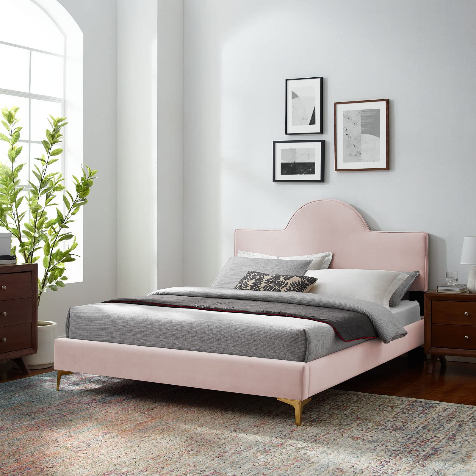 Modway Performance Velvet Queen Bed In Pink Platform