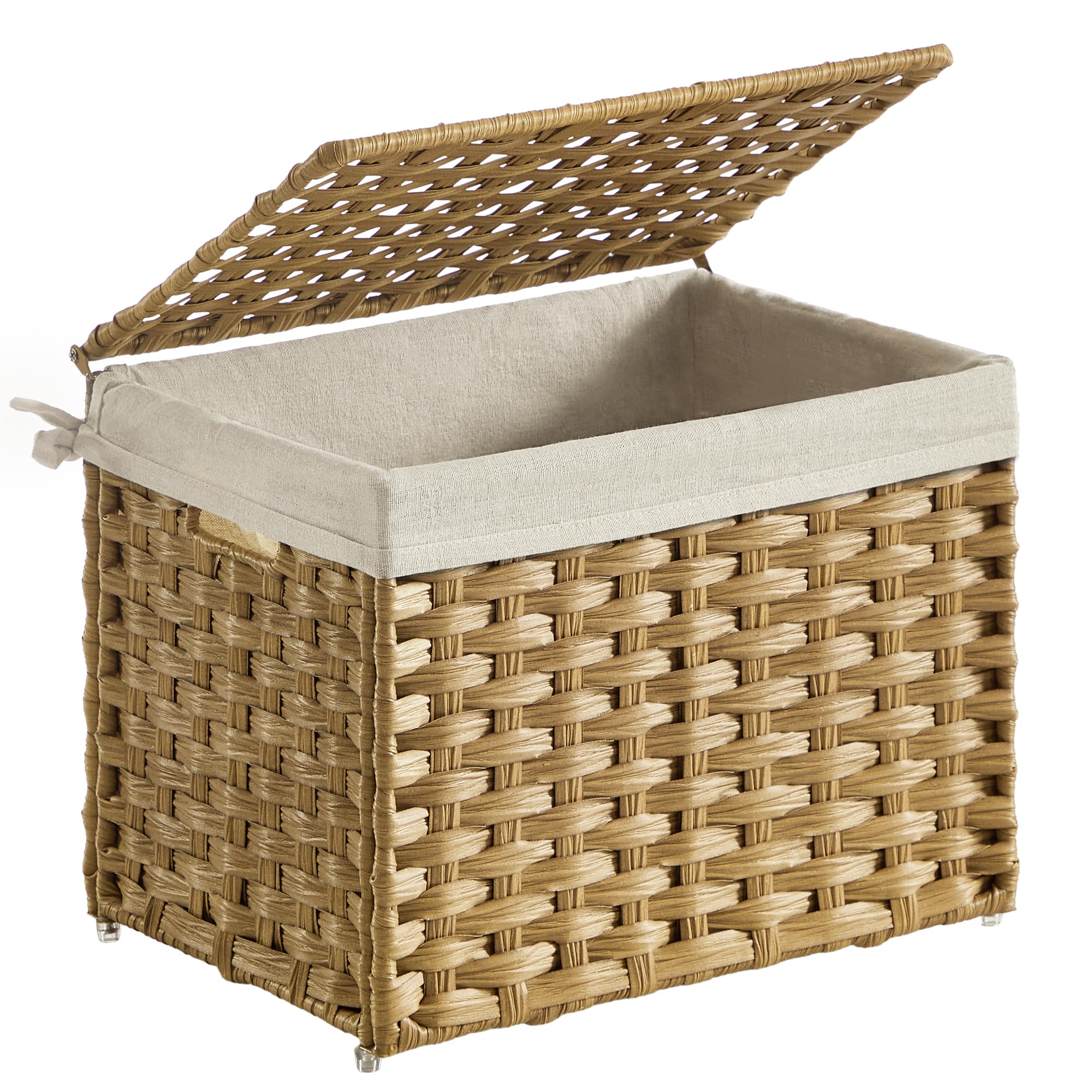 SONGMICS Storage Basket with Lid, Woven Blanket Storage Bin with Handles, Foldable, Removable Liner, Metal Frame, for Bedroom, L