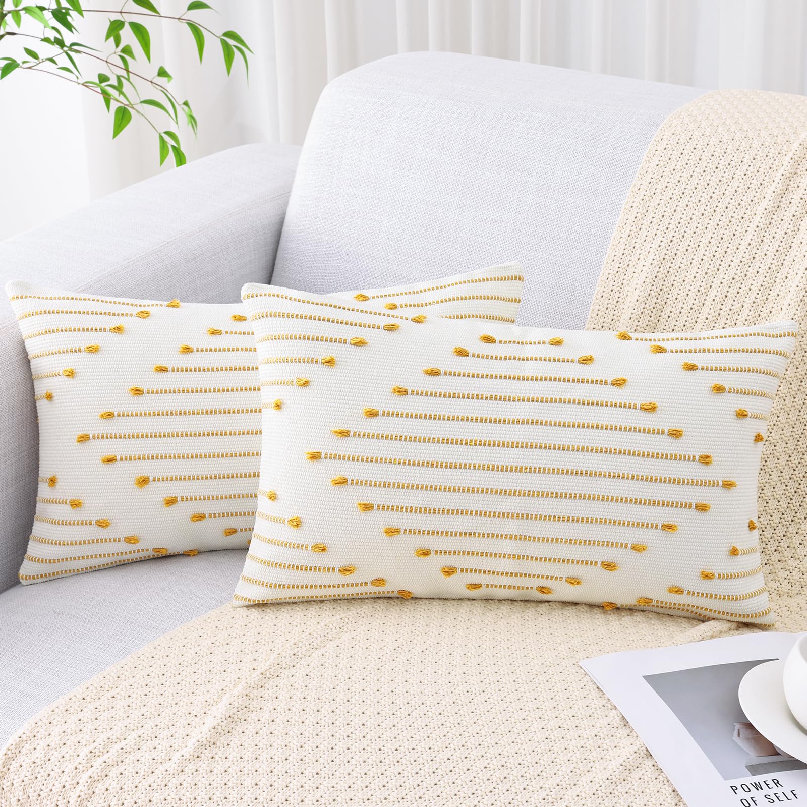 Mecatny Boho Throw Pillow Covers 12X20 Set Of 2, Farmhouse Lumbar Pillow Covers For Couch Sofa Living Room, Yellow & White