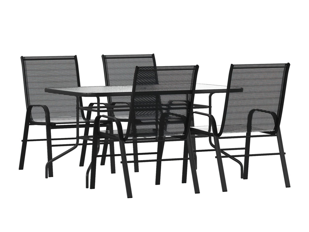 Flash Furniture Brazos 5 Piece Outdoor Patio Dining Set - 4 Black Flex Comfort Stack Chairs - 55&Quot; Tempered Glass Patio Table With Umbrella Hole