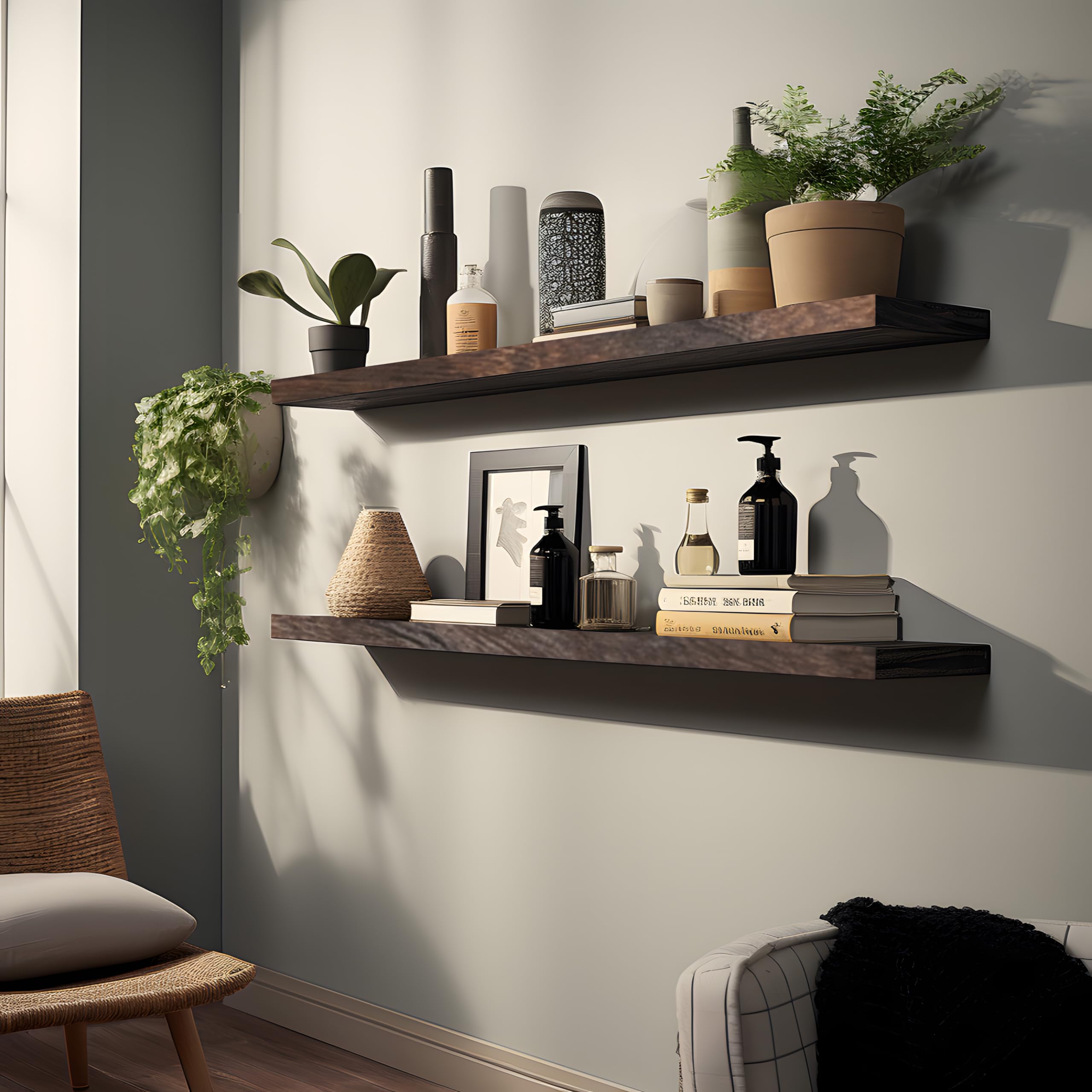 Hxswy 48 Inch Rustic Floating Shelves For Wall Decor Farmhouse Wood Wall Shelf For Bathroom Kitchen Bedroom Living Room Set Of 4 Brown