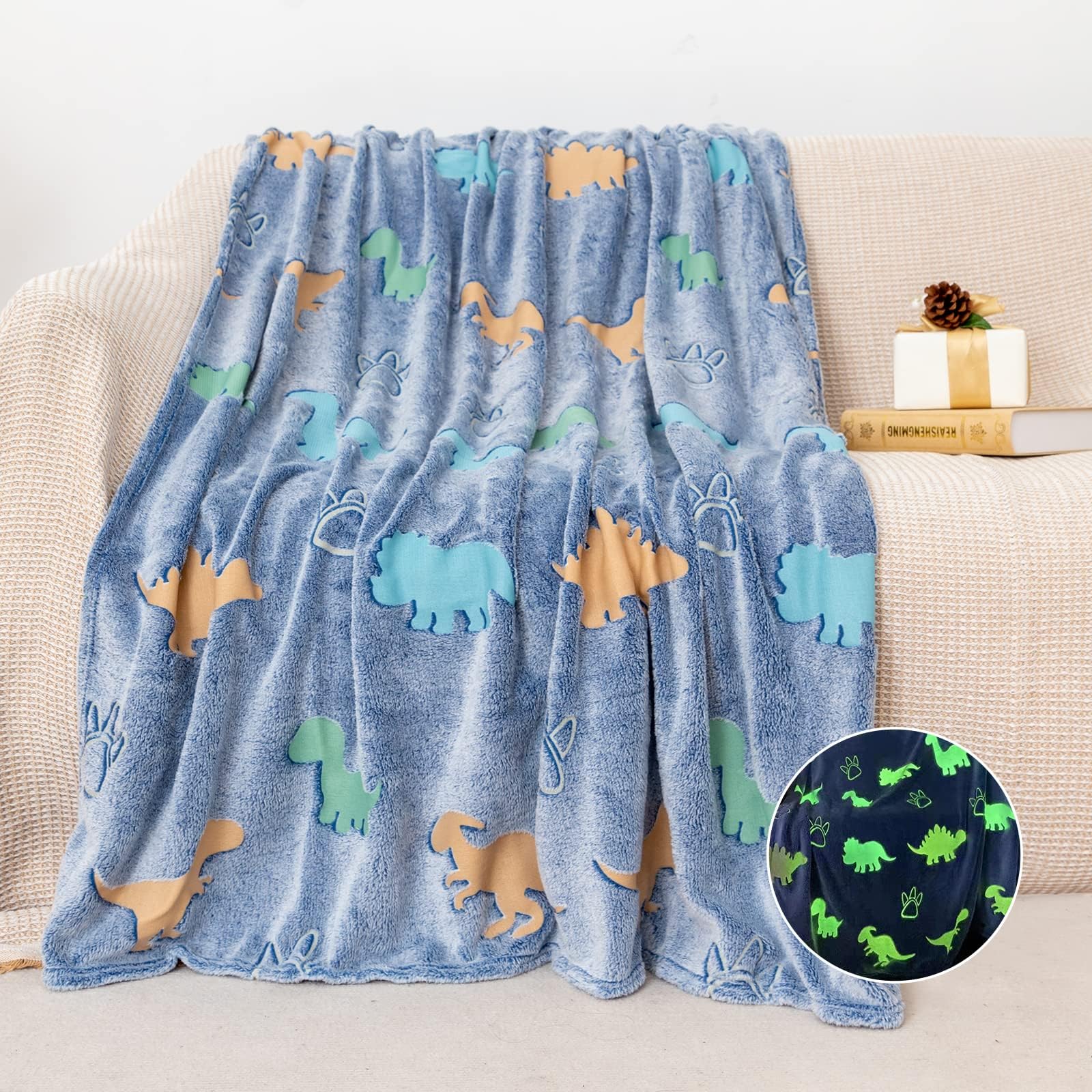 GOSALISU Glow in The Dark Dinosaur Throw Blanket 50 x60 inch Luminous Dino Blanket Toys for 3 4 5 6 7 8 9 10 11 12 Year Old Boys